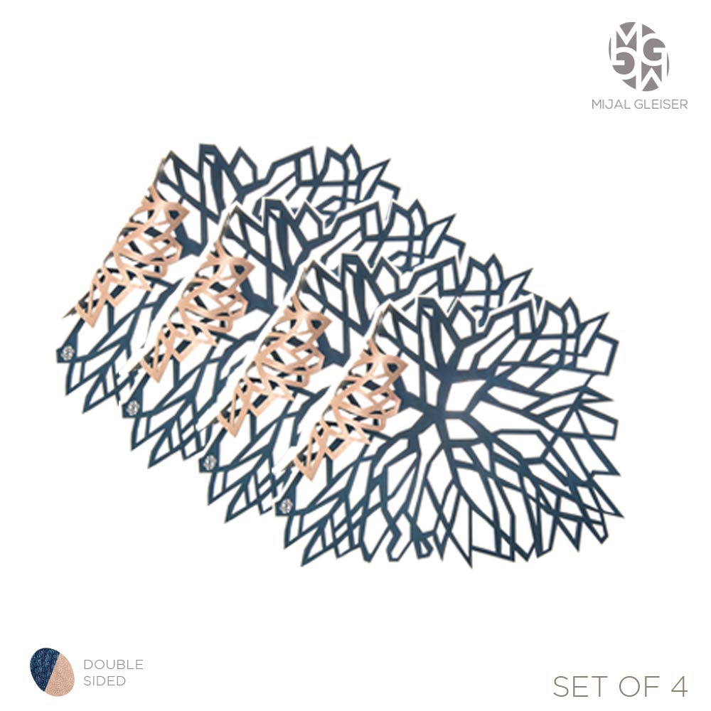 Mijal Gleiser Double Sided Laser Cut Placemats - Heat Resistant, Non Slip, Stain Proof Table Mats Set of 4 (Synapse Collection Navy Blue & Rose Gold) - Perfect for Dining Tables, Kitchen Countertops, and Party Decorations