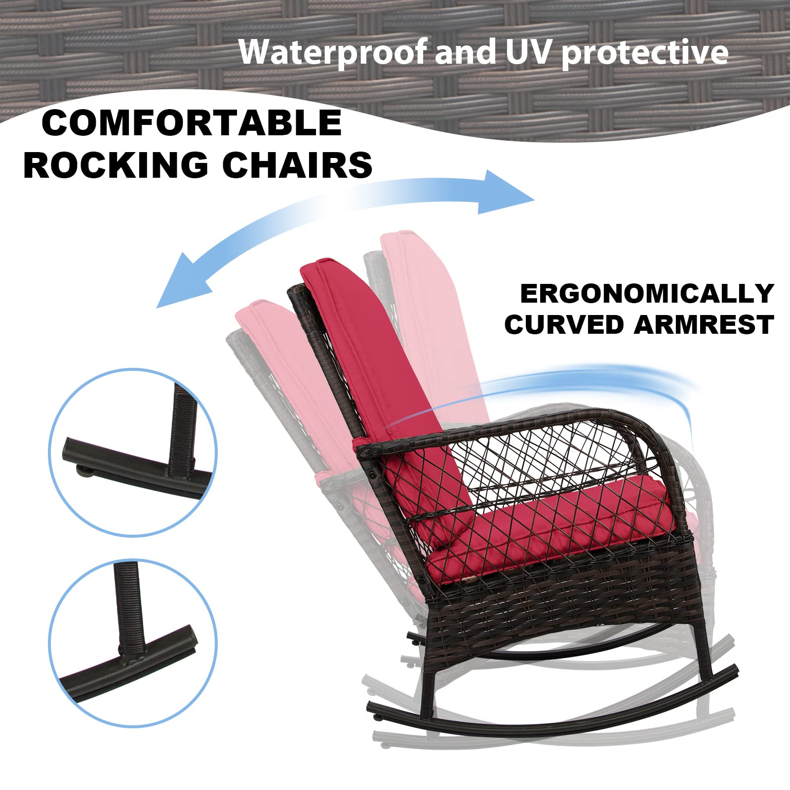 LEVELEVE 3-Piece Red PE Wicker Outdoor Rocking Bistro Set - Patio Conversation Chairs for Garden, Porch & Backyard Relaxation