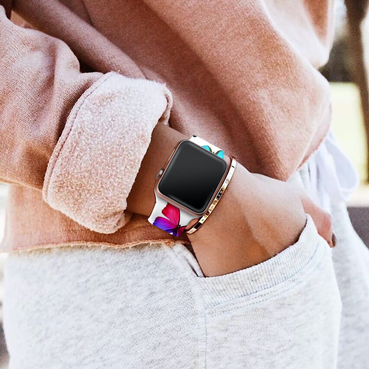 Floral Print Silicone Sport Band for Apple Watch Series 9/8/7/6/5/4/3/2/1/SE - Compatible with 49mm 45mm 44mm 42mm 41mm 40mm 38mm - Fadeless Pattern Design for Women - Perfect for Workouts, Running & Everyday Wear