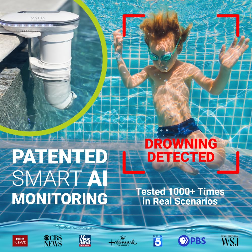 MYLO Smart AI Pool Alarm with Dual Cameras - Underwater Drowning Detection System for Inground & Above Ground Pools - Child Safety Swimming Pool Monitor (White) - Perfect for Backyard, Vacation Homes & Family Water Safety