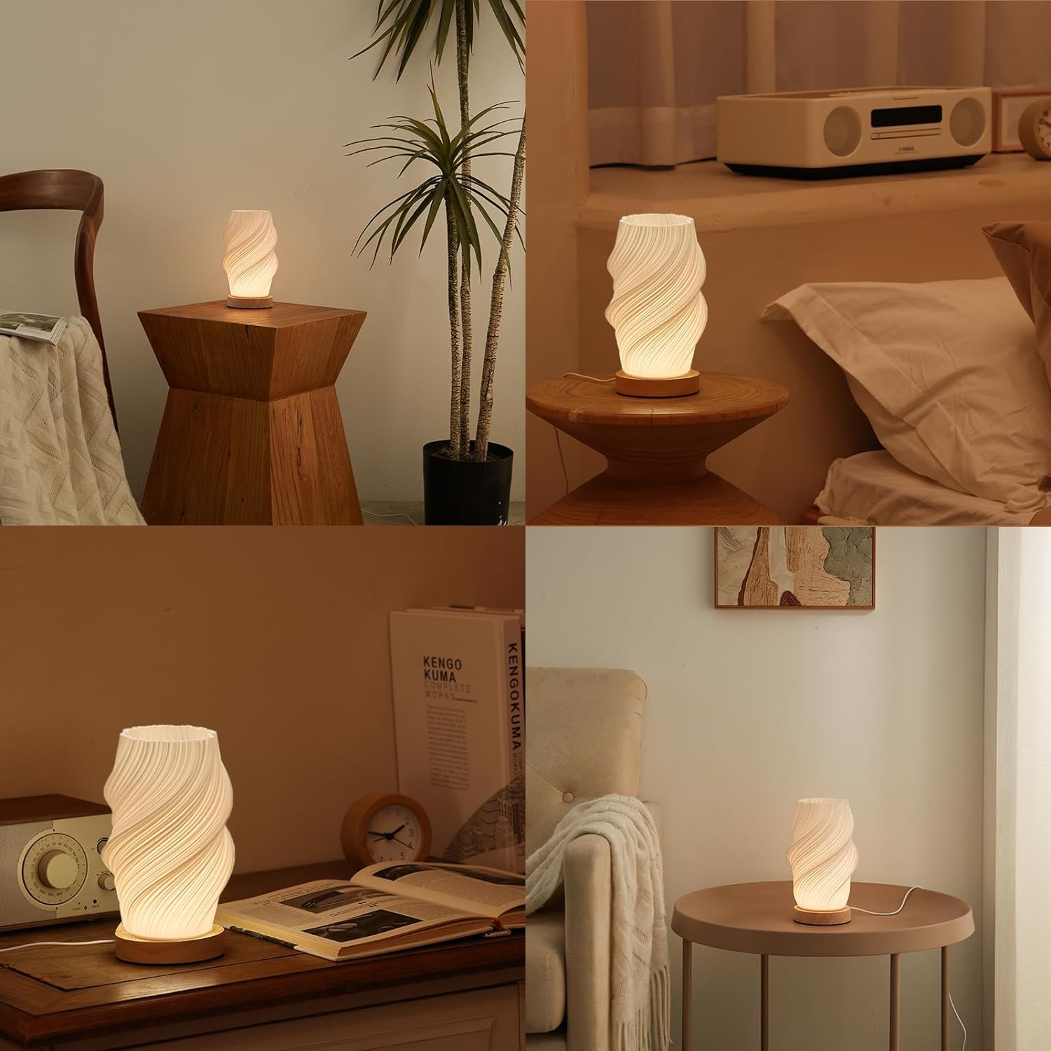 Wood Base Bedside Lamp - 12-Level Dimmable Nightstand Light with Button Control & PLA Shade for Bedroom, Living Room, Office - Perfect for Reading, Relaxing & Nighttime Use (White, Medium)