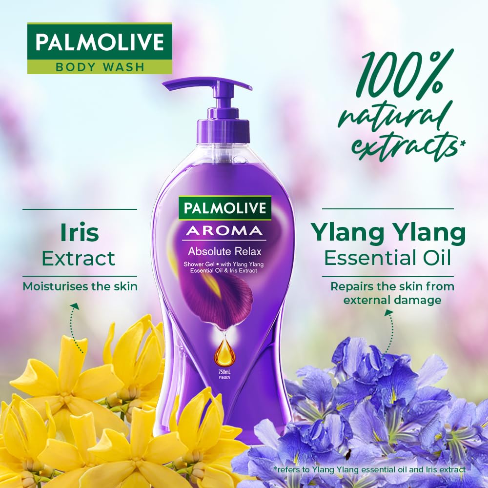 Palmolive Iris Flower & Ylang Ylang Essential Oil Body Wash - Moisturizing & Relaxing for Soft, Youthful Skin - Paraben & Silicone Free, pH Balanced - 750ml (Pack of 2) - Perfect for Stress Relief & Aromatherapy Bath Time