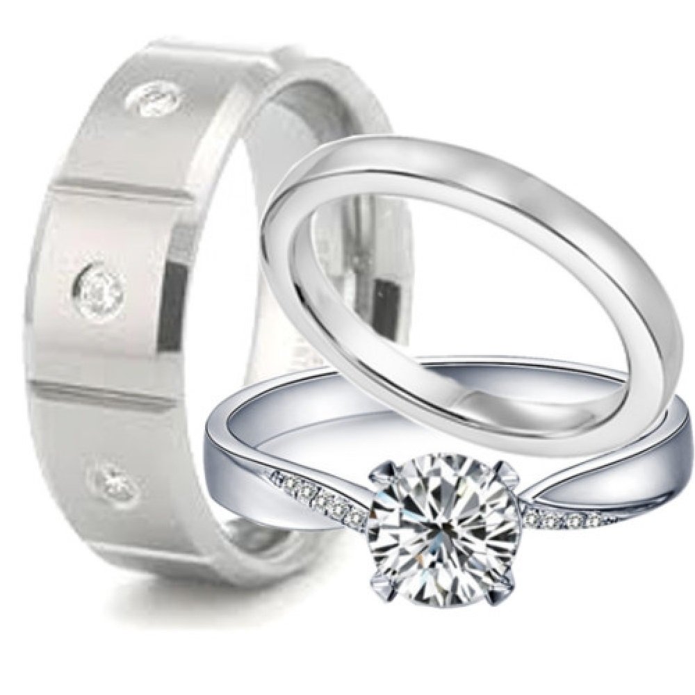 His & Hers Wedding Ring Sets - Cubic Zirconia CZ Engagement & Wedding Bands - 3 Piece Matching Couples Rings for Anniversary, Proposal & Romantic Occasions
