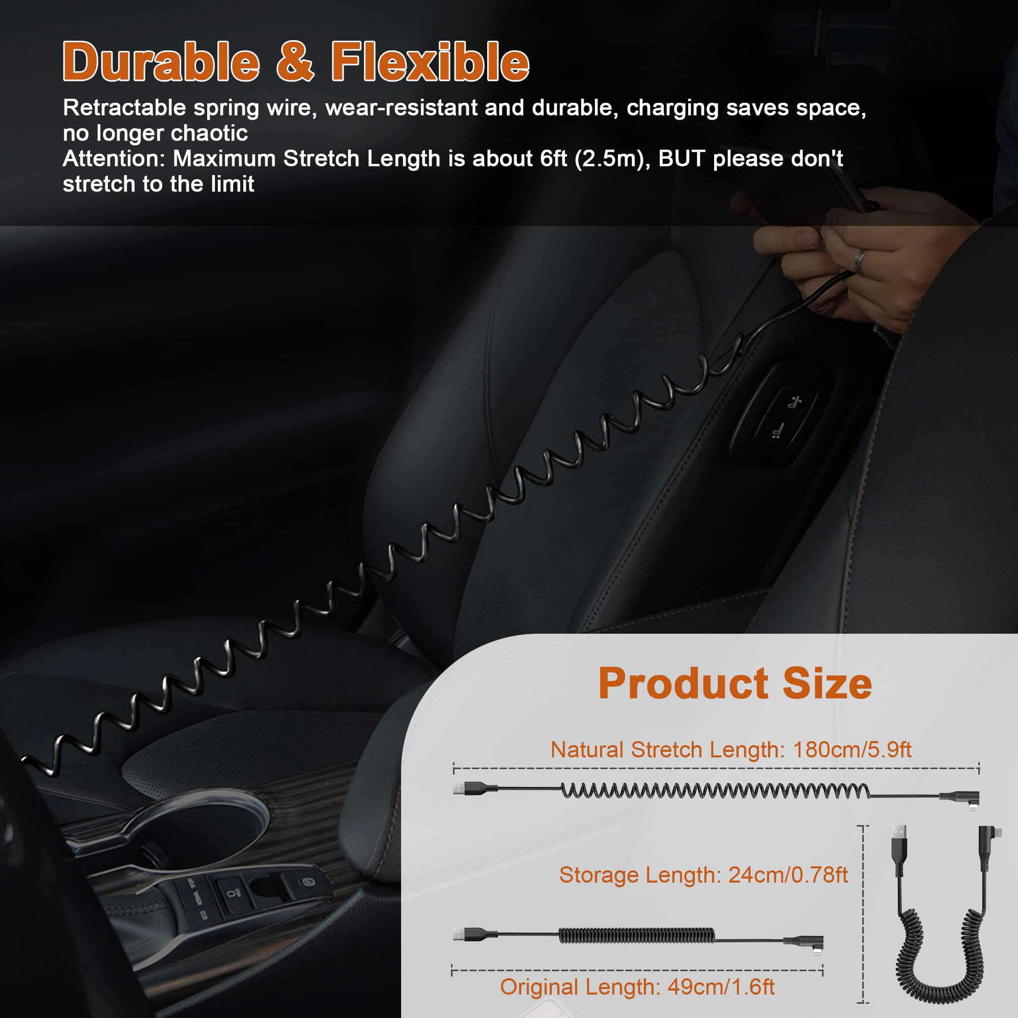 MFi Certified Right Angle Lightning Cable - 2.4A Fast Charging & Data Sync - Coiled CarPlay Charger for iPhone 13/12/11/Pro/X/XS/Max/Plus - Perfect for Car Dashboard & Tight Spaces