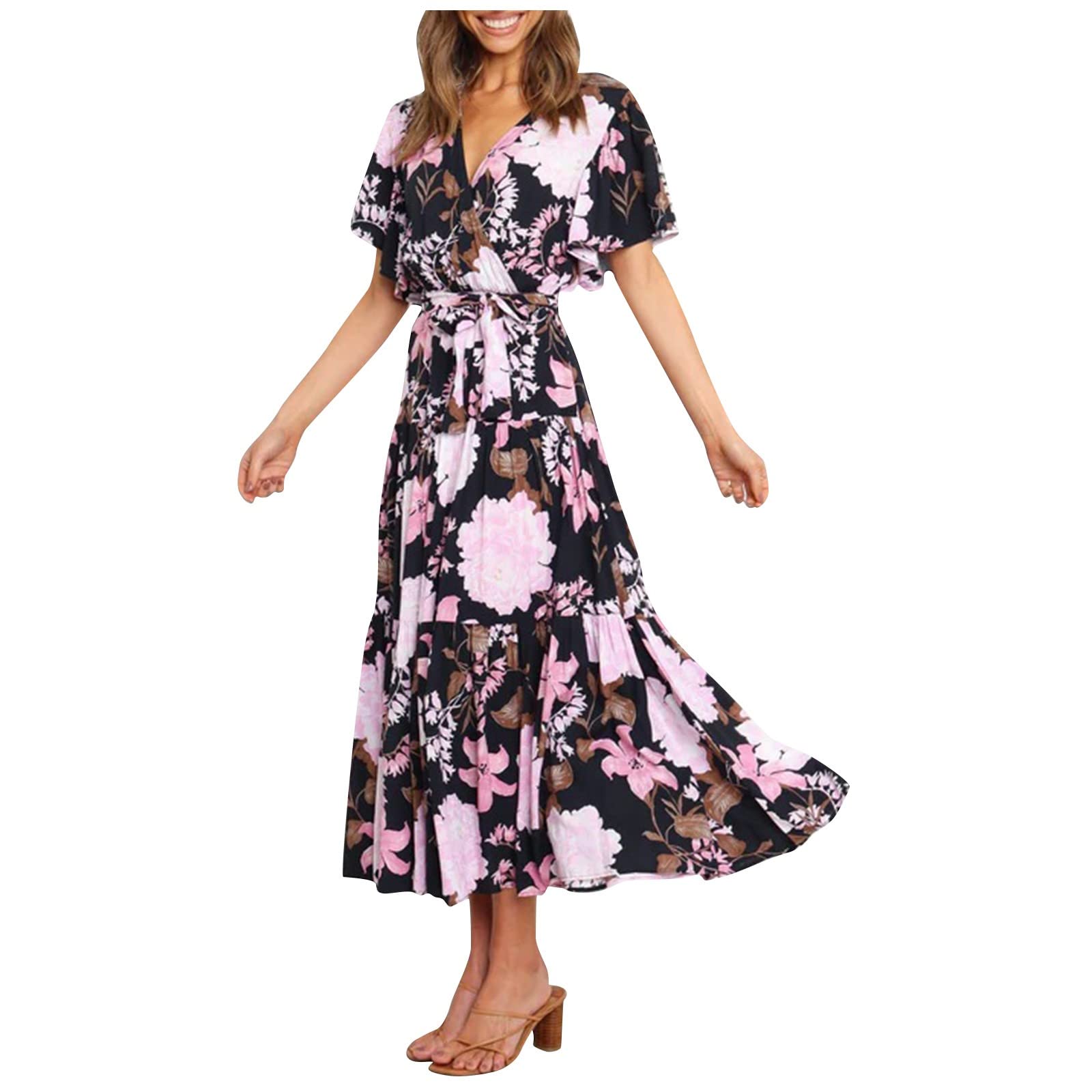 Boho Women's Summer Casual Printed Short Sleeve Dress with Nipped Waist - Perfect for Beach Vacations, Music Festivals & Summer Parties