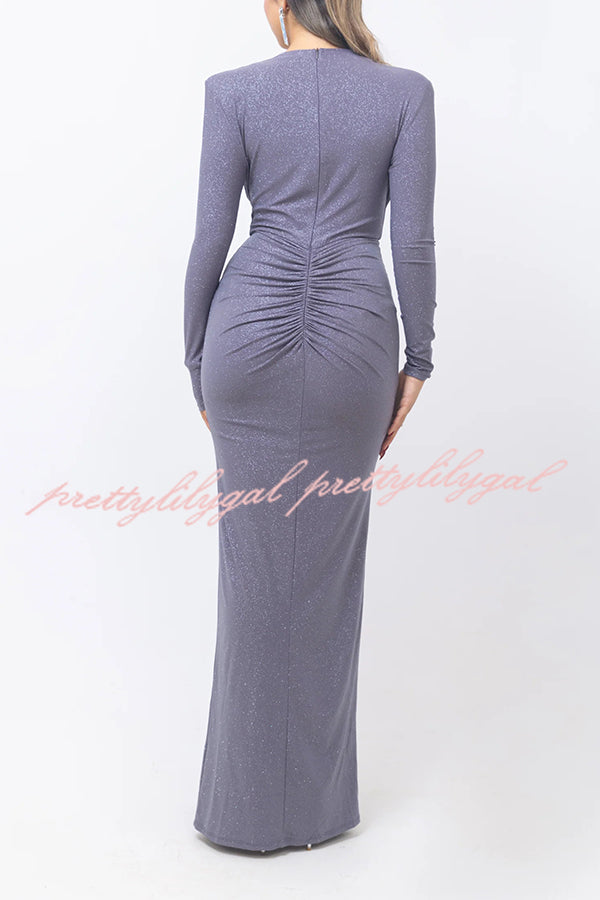 Elegant Solid Color Shiny V-Neck Long Sleeve Ribbon Slit Slim Fit Maxi Dress for Women - Perfect for Evening Parties, Date Nights & Special Occasions