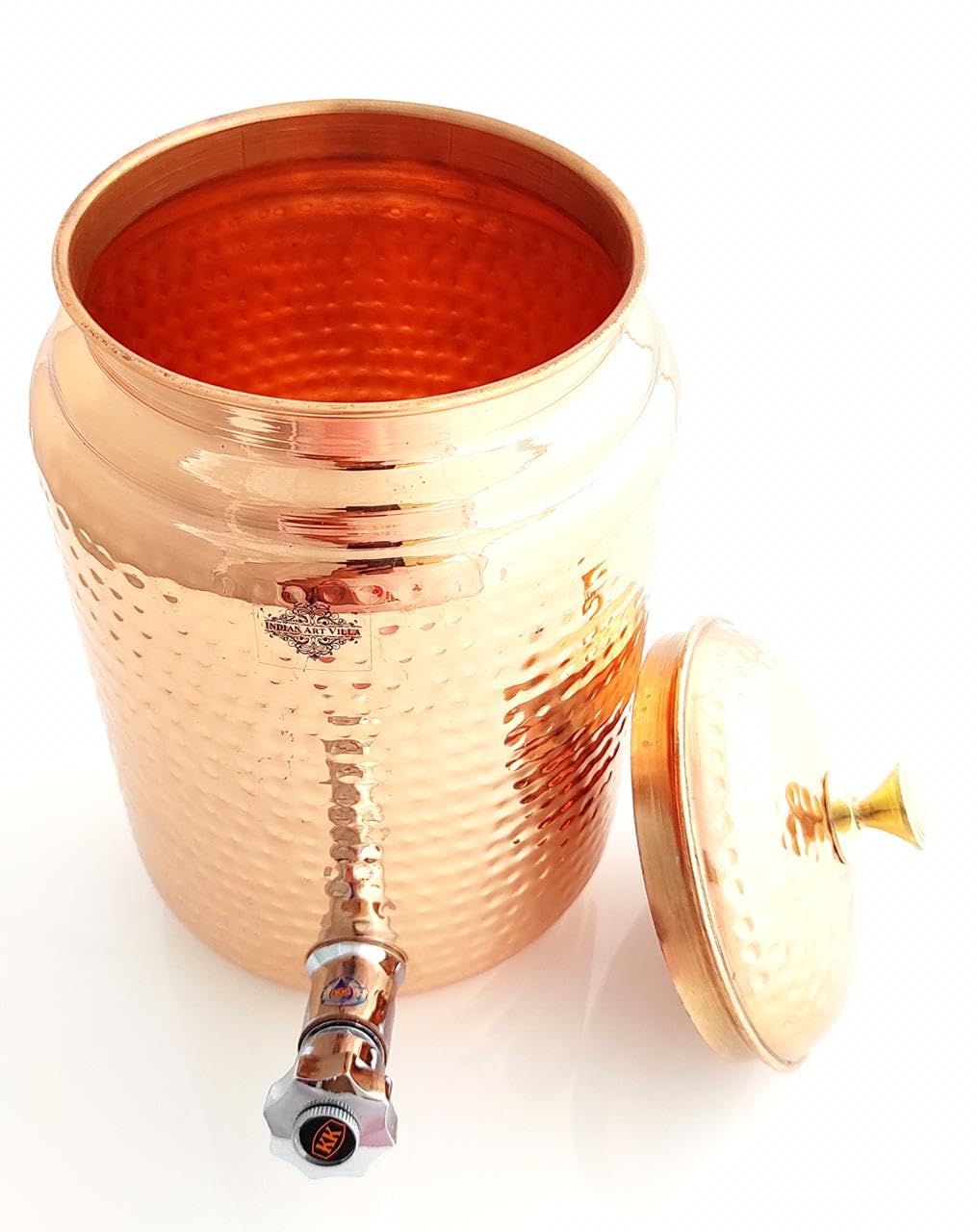 Pure Copper Hammered Design Water Pot with Brass Stand, Tap & Knob - Indian Art Villa Handcrafted Water Storage & Serving Jug for Home, Office & Ayurvedic Rituals