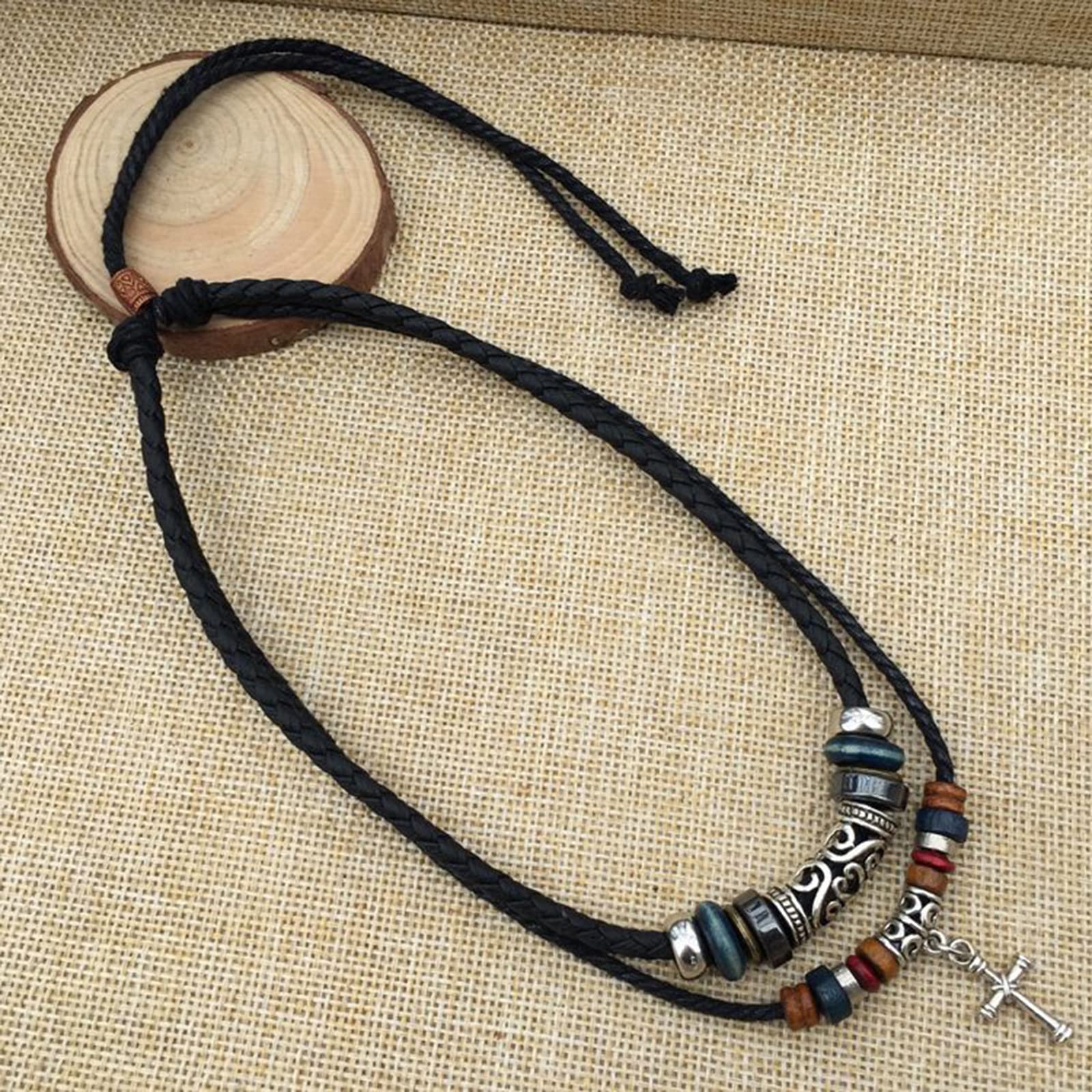 KieTeiiK Cross Pendant Necklace for Women & Men - Double Layer Beaded Charm with Leather Cord, Tribal Ethnic Jewelry Gift for Christmas, Birthday, Anniversary | Boho Style Layered Necklace for Everyday Wear