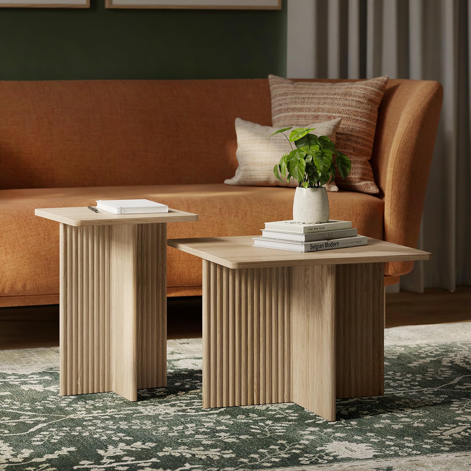 Square Fluted Nesting Coffee Table Set - 2 Piece Low Profile Modern Living Room Furniture with Solid Oak Base (Natural Oak) - Perfect for Small Spaces, Apartments & Contemporary Home Decor