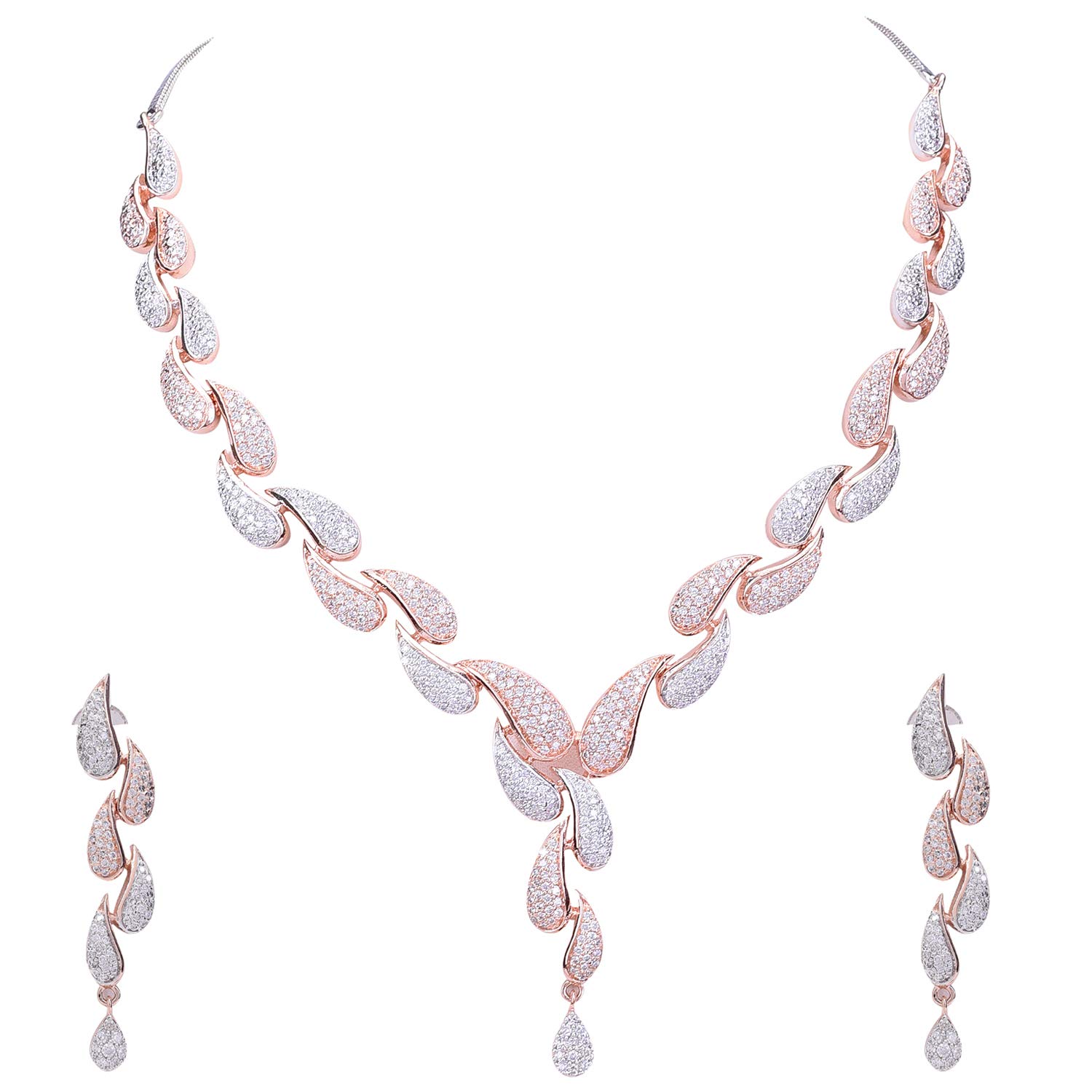 Ratnavali Jewels Women's Rose Gold Plated Cubic Zirconia Triple Line Necklace & Earrings Set | Bridal Jewelry for Weddings, Anniversaries & Special Occasions | RV3382RG