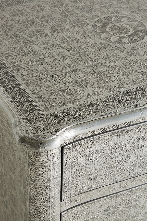 Hand Embossed Nightstand with 3 Drawers - White Metal Bedside Table for Bedroom | Compact Night Stand with Storage for Small Spaces, Apartment & Dorm Room Decor