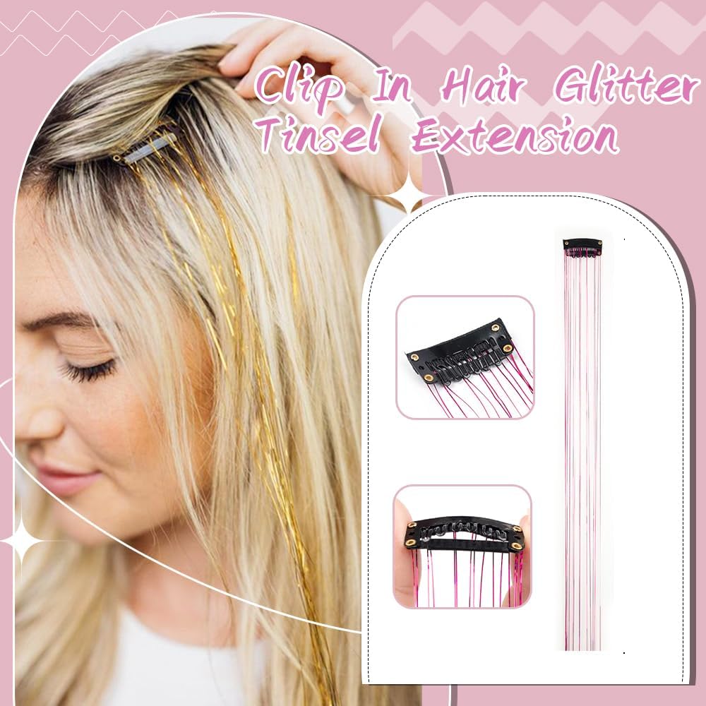 Premium Hair Tinsel Kit - 200 Strands Heat-Resistant Glitter Hair Extensions with 4 U-Shape Snap Clips (Rainbow) | Sparkling Fairy Hair for Women, Girls & Kids | Perfect for Parties, Festivals & Special Occasions