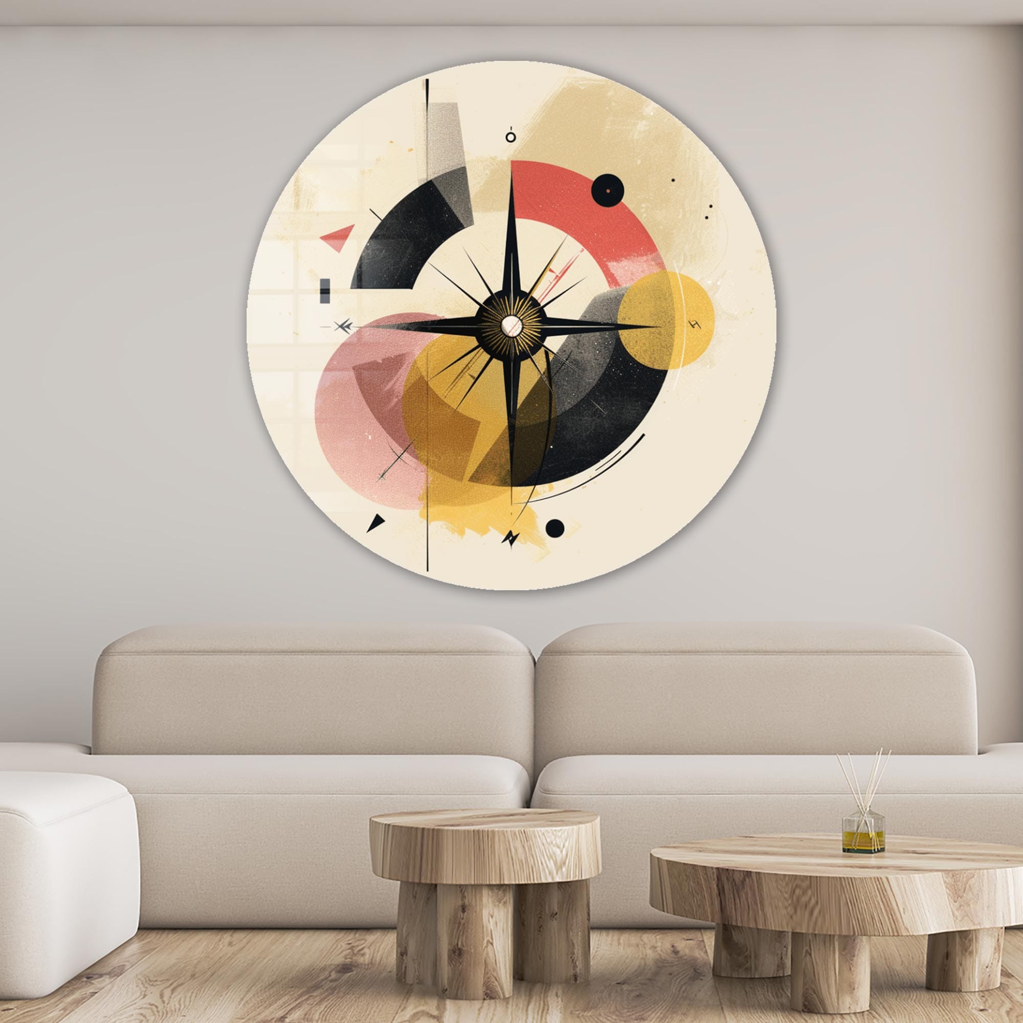 Abstract Compass Rounded Glass Wall Art - Modern Home Decor for Living Room, Bedroom & Office - Unique Geometric Design for Stylish Interior Spaces