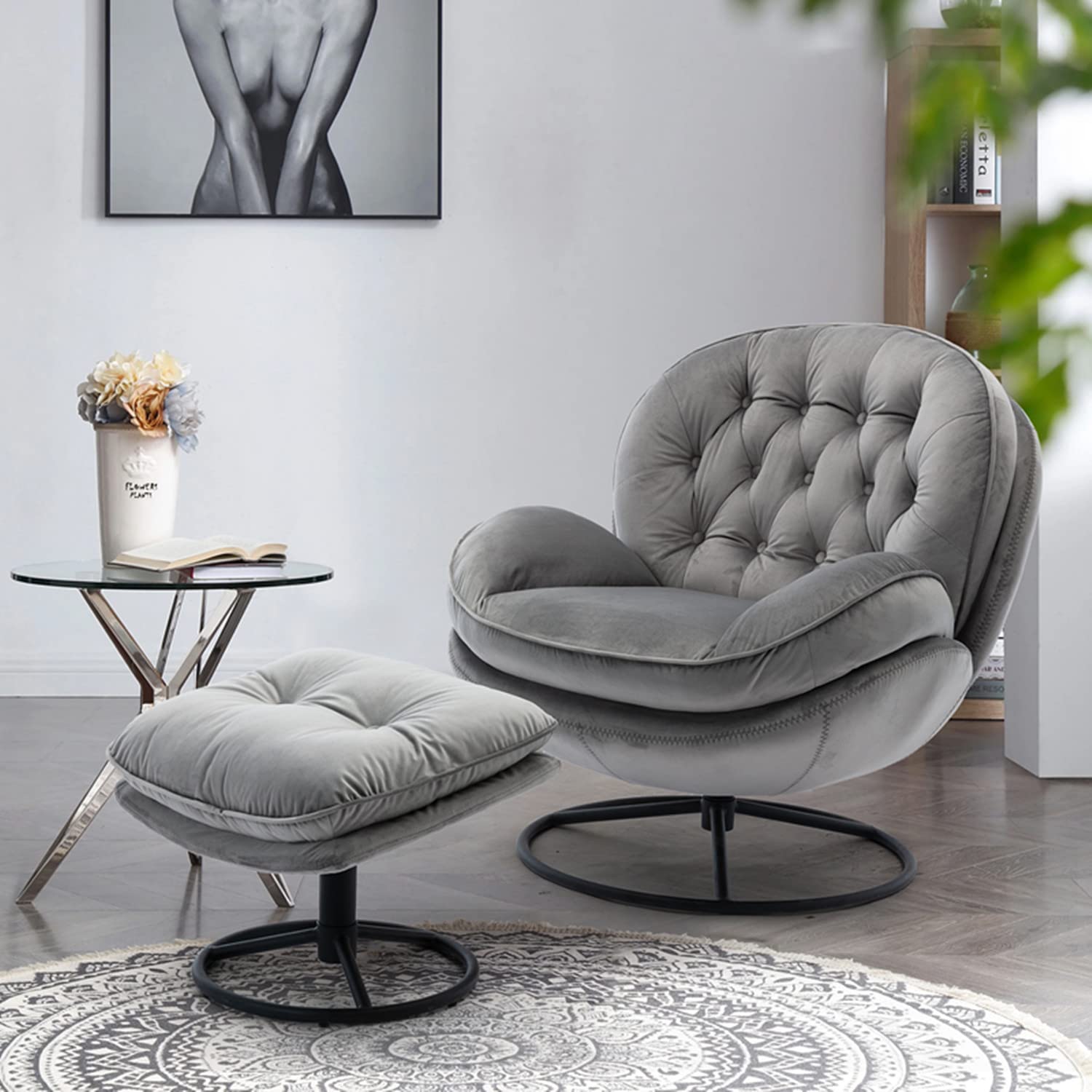 Velvet Swivel Accent Chair with Ottoman Set - 360 Degree Rotating Modern Lounge Chair with Footrest, Comfortable Armchair for Living Room, Bedroom & Office - Soft Gray Upholstered Leisure Sofa for Relaxing & Reading