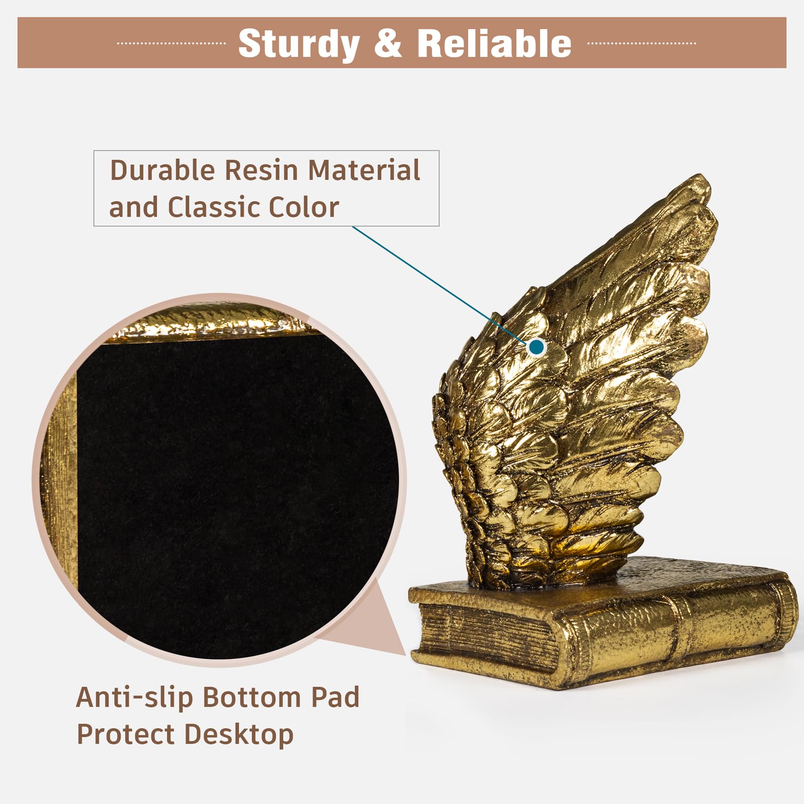 Heavy Duty Decorative Bookends with Anti-Slip Base - Lucky Wings Design for Shelves, Magazines & Heavy Books - Gold Home Office Decor for Study, Library & Workspace Organization