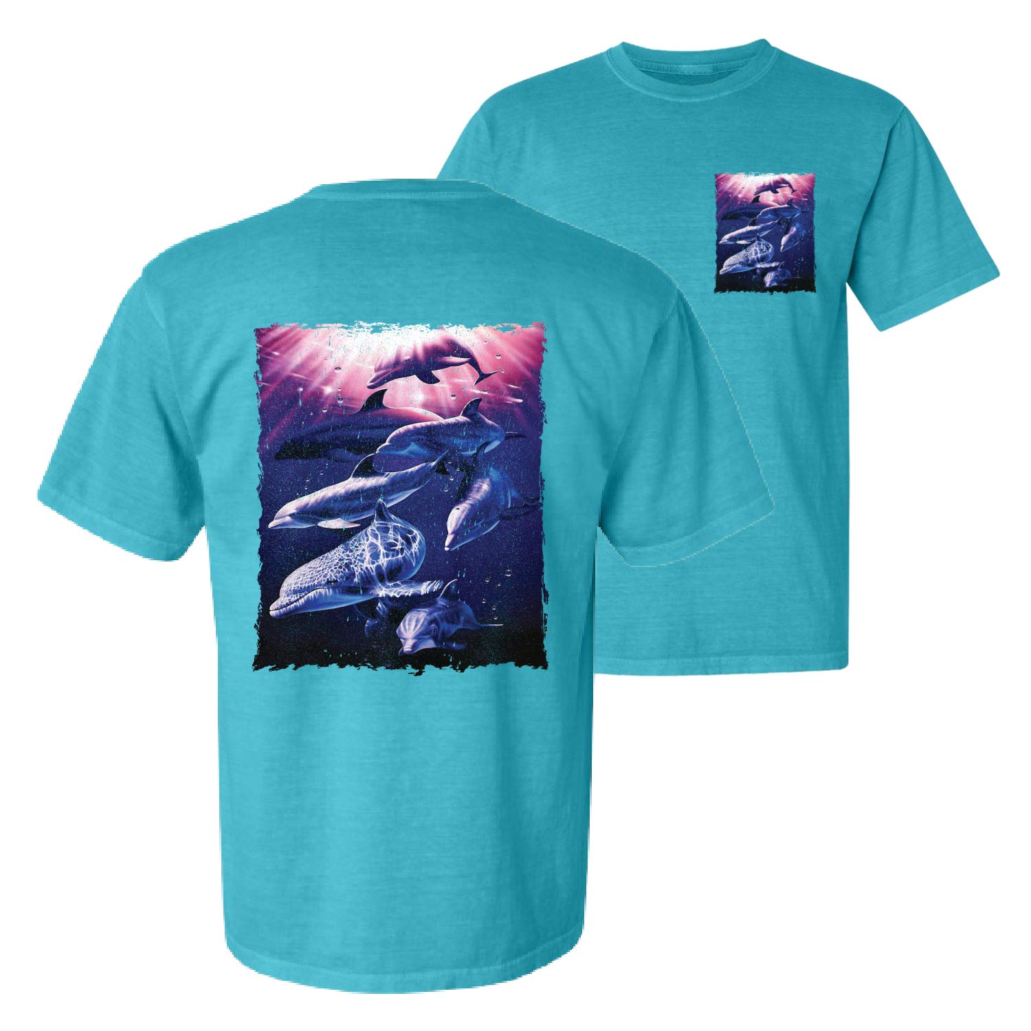 Whale & Dolphin Nautical Animal Lovers T-Shirt - Front & Back Garment-Dyed Short Sleeve Cotton Tee - Perfect for Beach Vacation, Marine Conservation Events & Ocean-Themed Outfits