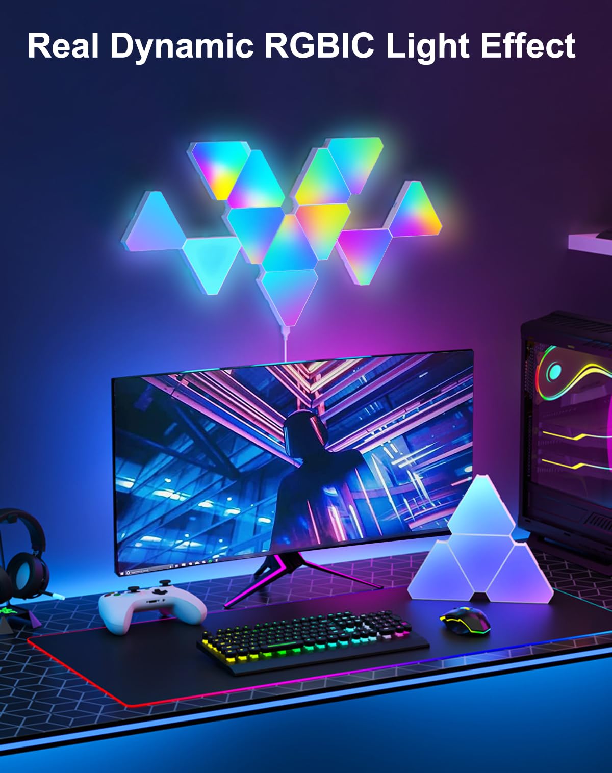 RGB Triangle LED Wall Lights for Gaming Room & Bedroom - 12 Pack Smart Home Light Panels with Alexa & Google Assistant Compatibility - APP/Voice/Remote Control, Music Sync Lighting for Gaming Setup, Home Theater & Party Decor
