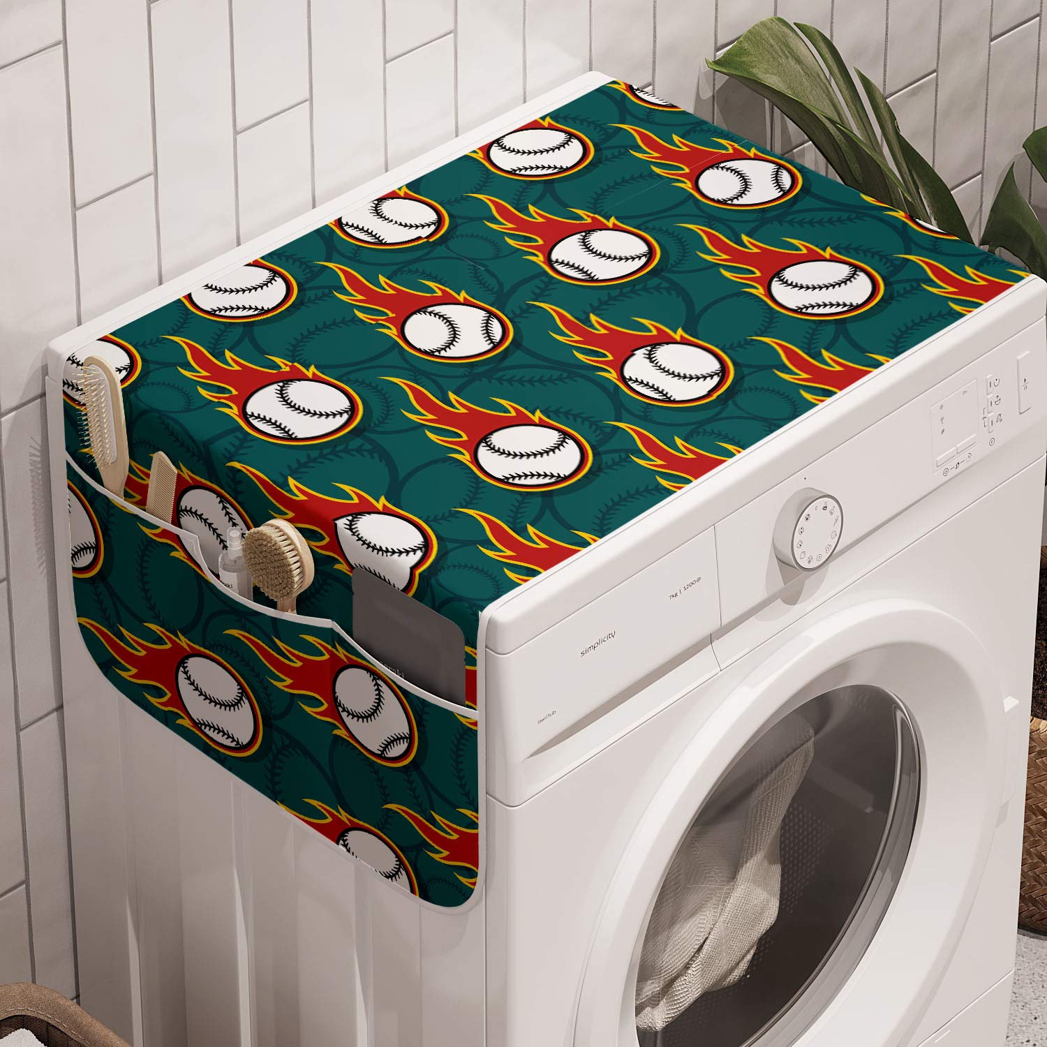 Lunarable Anti-Slip Sports Washing Machine Cover - Baseball Themed Fabric Organizer for Washers & Dryers, 47