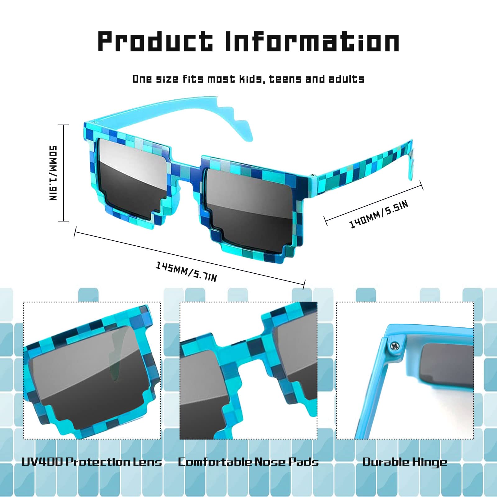 8 Pack Pixel Sunglasses for Adults - Retro Gamer & Robot Style Novelty Eyewear - Perfect for Miner Parties, Birthday Celebrations & Cosplay Events