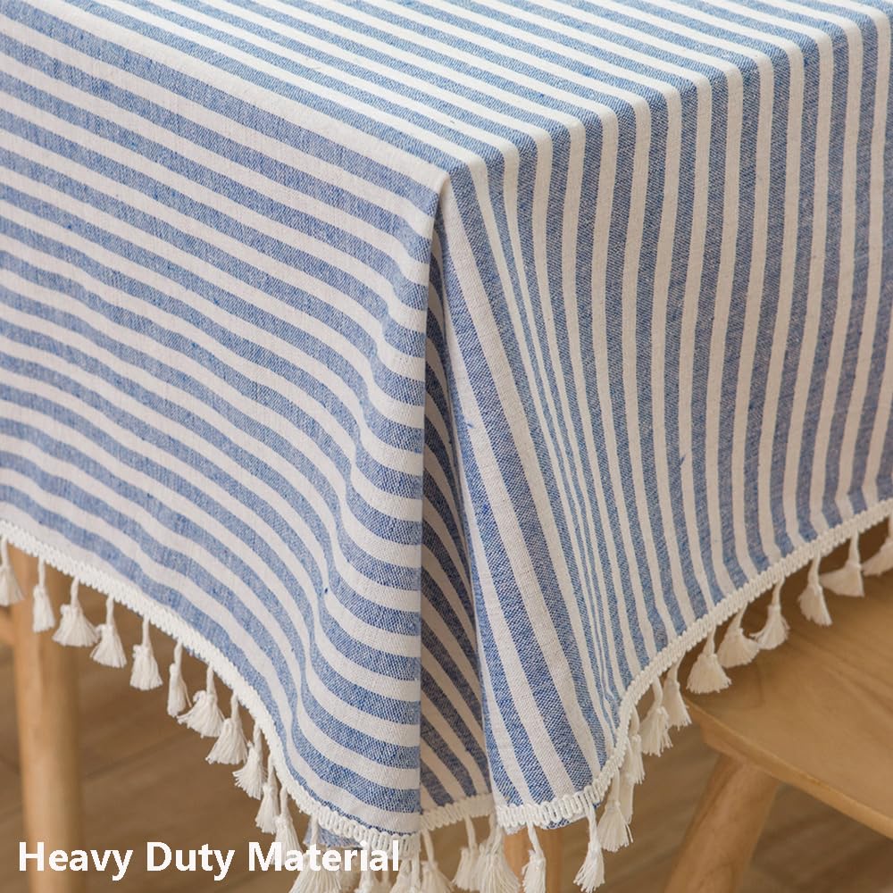 Premium Cotton Tablecloth - Blue and White Striped Rectangle Table Cover 102