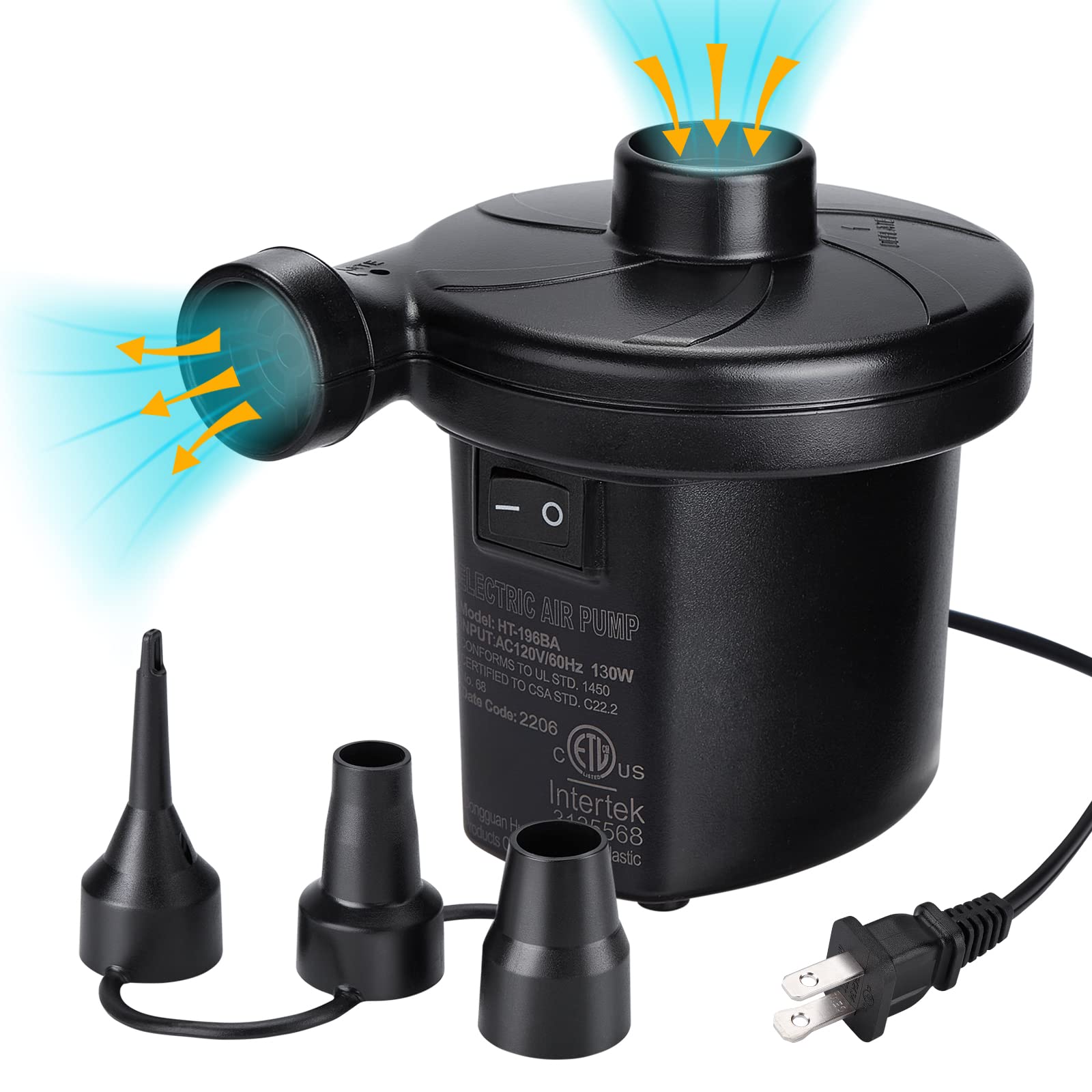 CAMULAND 130W Electric Air Pump with 3 Nozzles - Fast Inflation for Air Mattress, Inflatable Couch, Pool Floats, Rafts & Boats - Portable Air Pump for Camping, Beach Trips & Home Use
