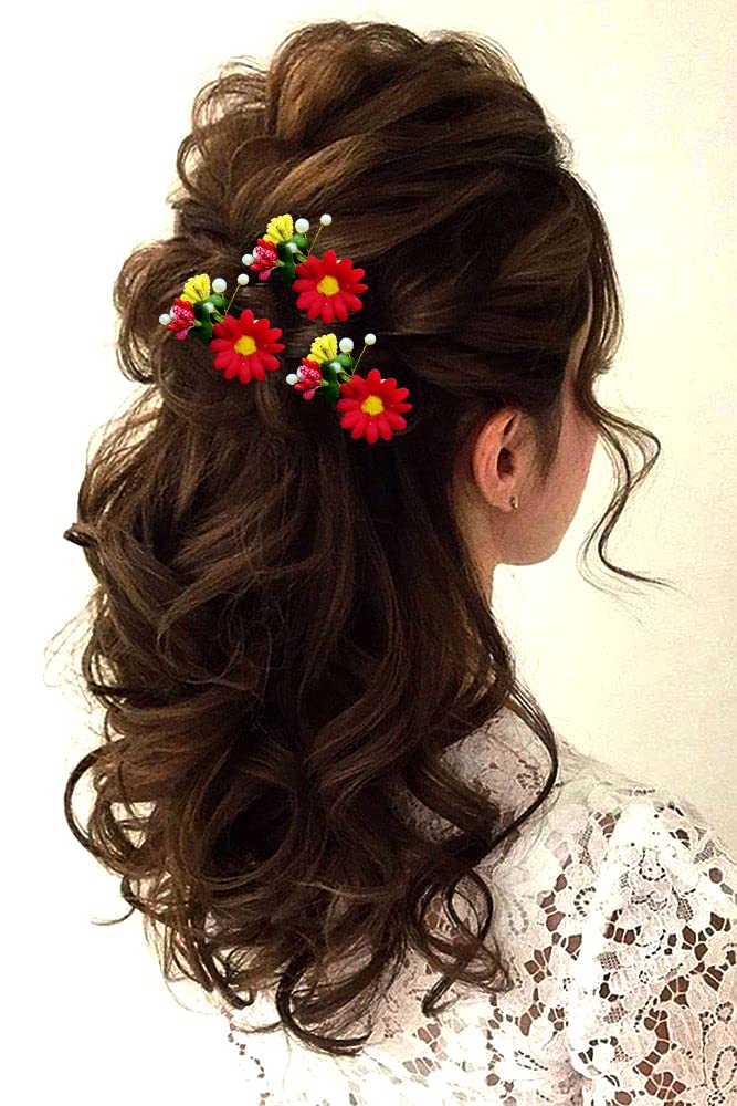 Floral Leaf Hair Clip Set - 3 Pack Red Artificial Flower Hairpins for Women & Girls | Hair Accessories for Weddings, Parties & Everyday Style