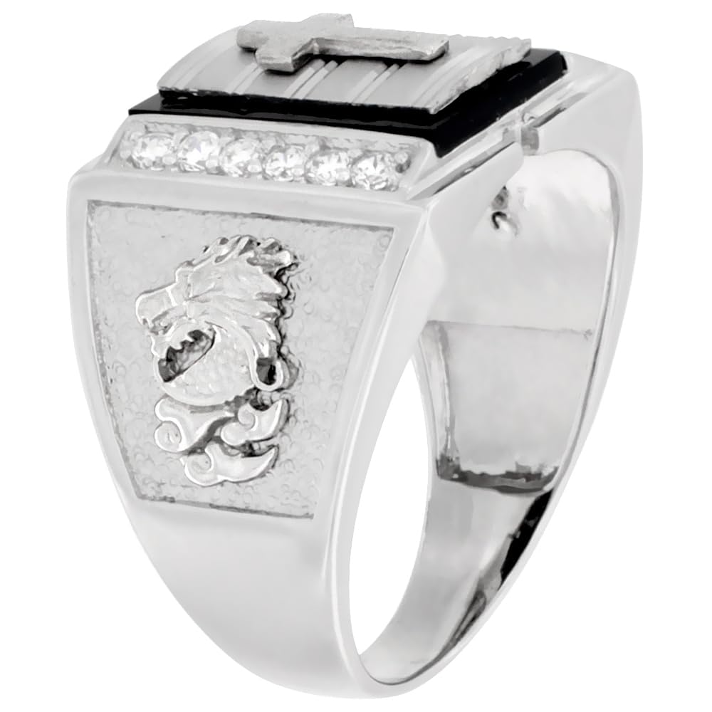 Men's Sterling Silver Rectangular Cross Ring with Dragon & Cubic Zirconia Side Accents - 19/32 Inch Wide - Gothic Jewelry for Men, Punk Fashion Accessory, Gift for Boyfriend/Husband