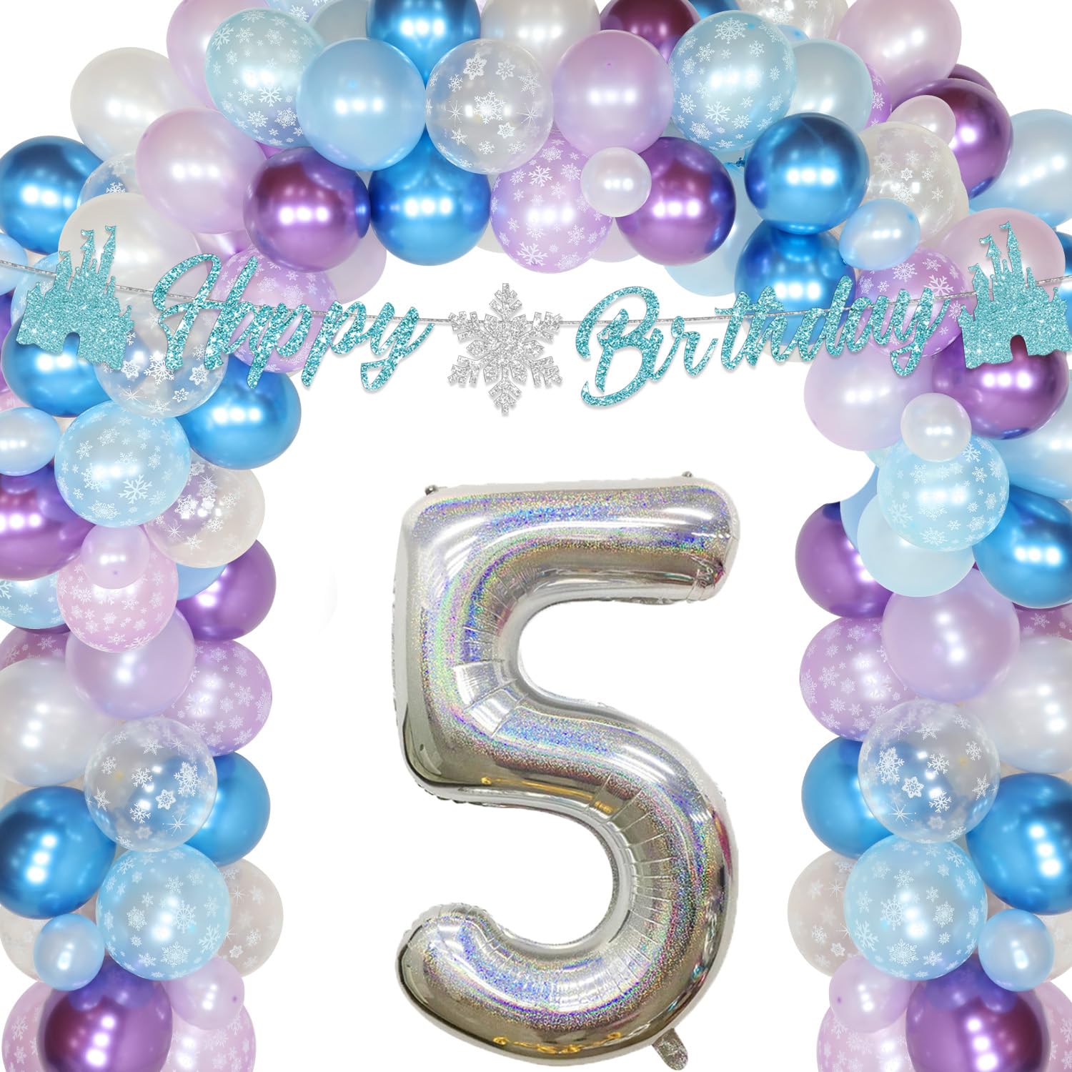 Ice Princess 5th Birthday Party Decorations Kit - Snowflake Balloon Garland Arch, Blue White Purple Theme for Girls Birthday Party | Perfect for Frozen-Themed Celebrations, Princess Parties & Winter Wonderland Events