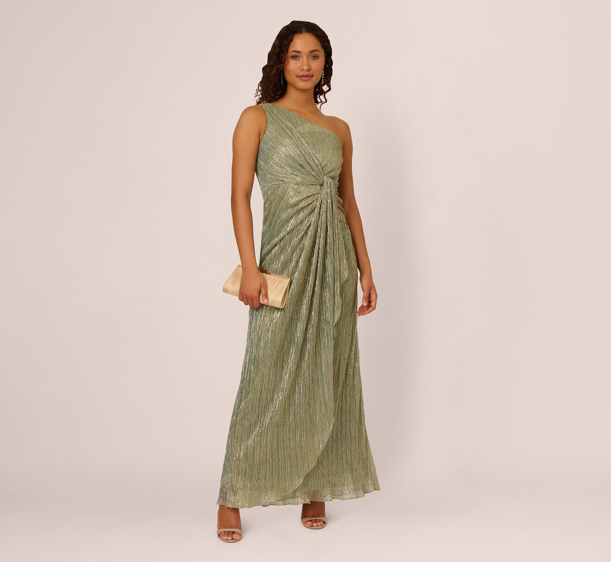 Elegant Stardust Pleated Draped One Shoulder Evening Gown in Green Slate - Perfect for Prom, Formal Events & Red Carpet Occasions
