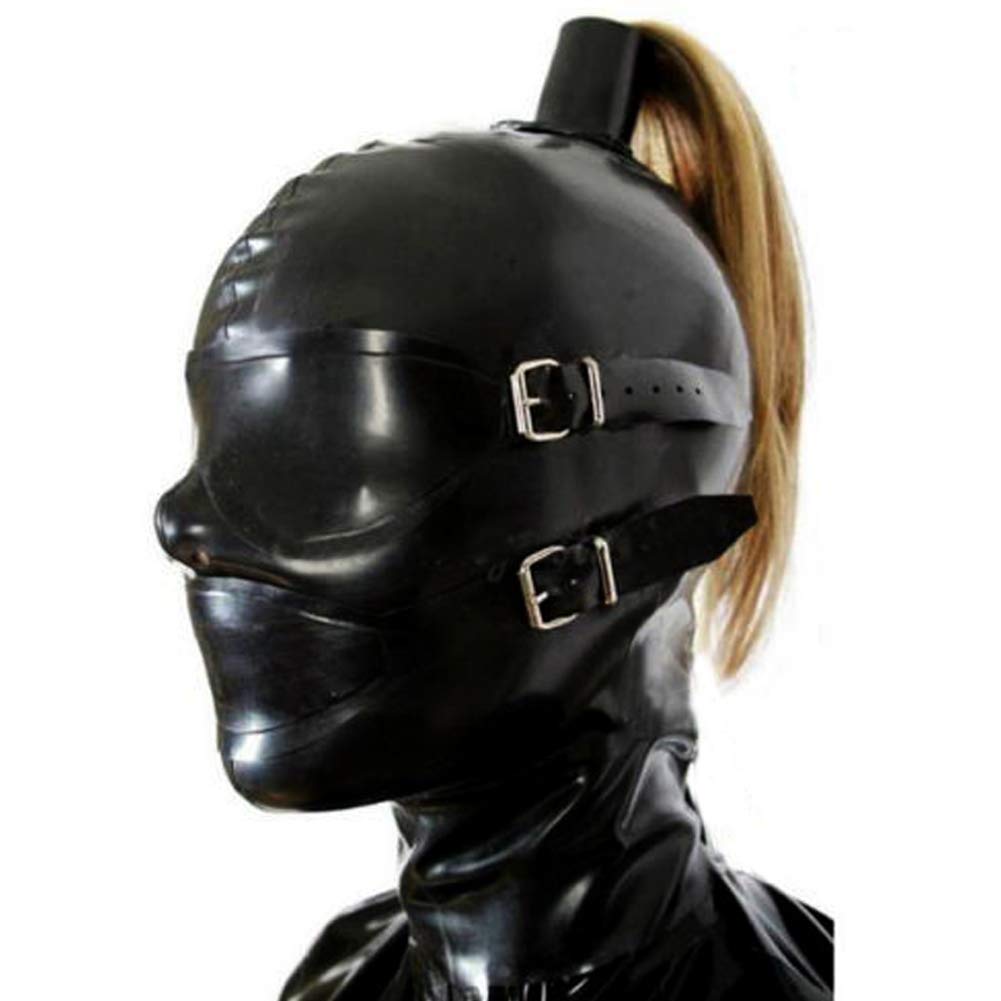 Latex Hood Mask with Detachable Eyes & Mouth Patches, Snap Closure, Ponytail Hole & Zipper - Perfect for Cosplay, BDSM, Halloween Costumes & Fetish Parties