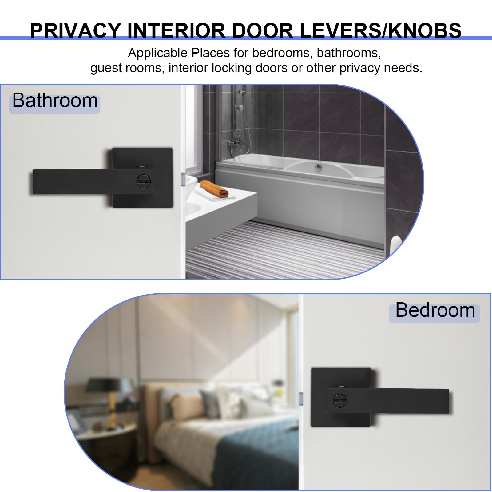 8 Pack Matte Black Privacy Door Levers - Heavy Duty Bed & Bath Door Handles with Keyless Interior Locksets, Reversible for Left/Right Handed Doors - Perfect for Bedrooms, Bathrooms & Home Privacy Security