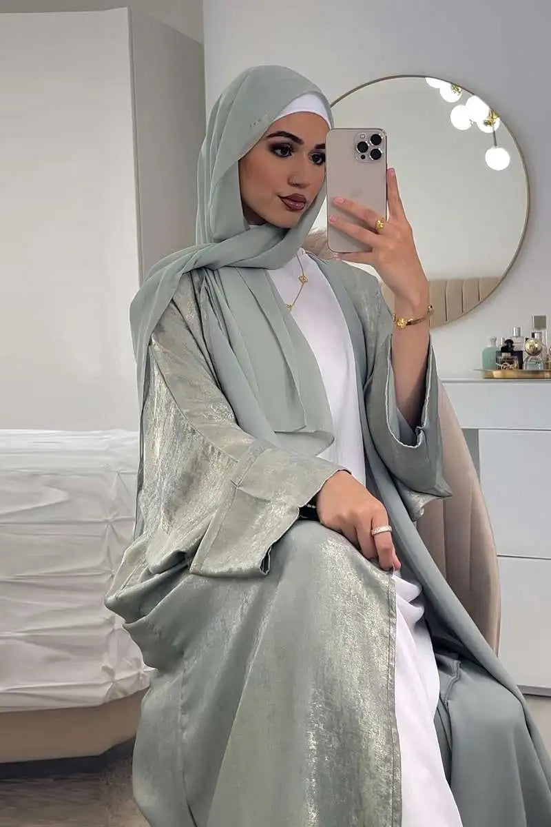 Elegant Muslim Women's Bronzing Cardigan Open Abaya Dress - Modest Islamic Fashion for Prayer, Mosque & Everyday Wear