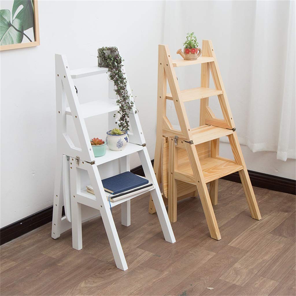 4-Step Wooden Ladder Stool - Foldable Convertible Step Stool for Kitchen, Library, and Home Use - Supports 440lbs - White - Perfect for Reaching High Shelves, Organizing, and Cooking Tasks