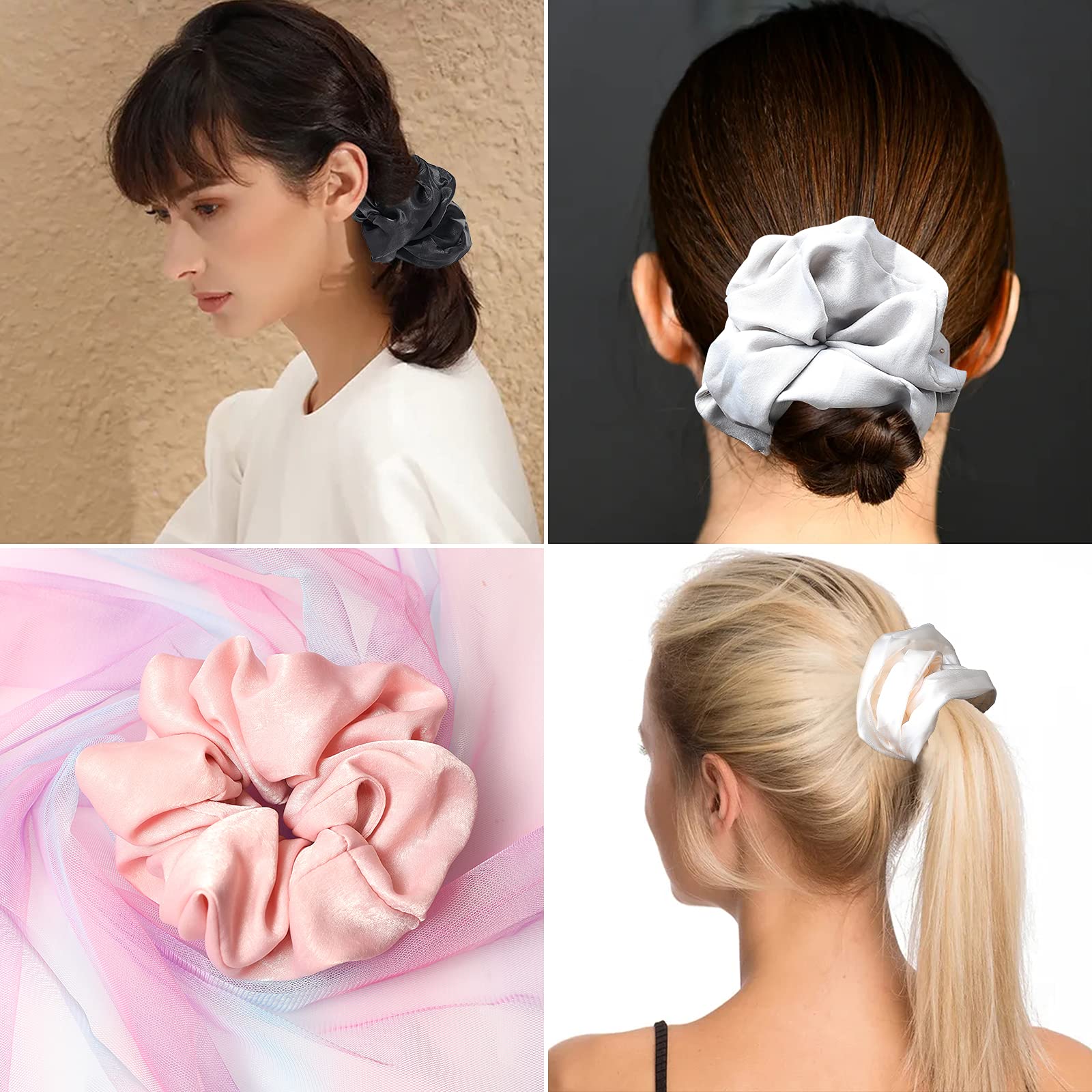 4pcs Silk Satin Hair Scrunchies for Women - Soft Oversized Hair Ties, Elastic Ponytail Holders, Hair Accessories in Light Brown, Coffee, Dark Brown & Off-White | Perfect for Work, Gym, Travel & Everyday Styling