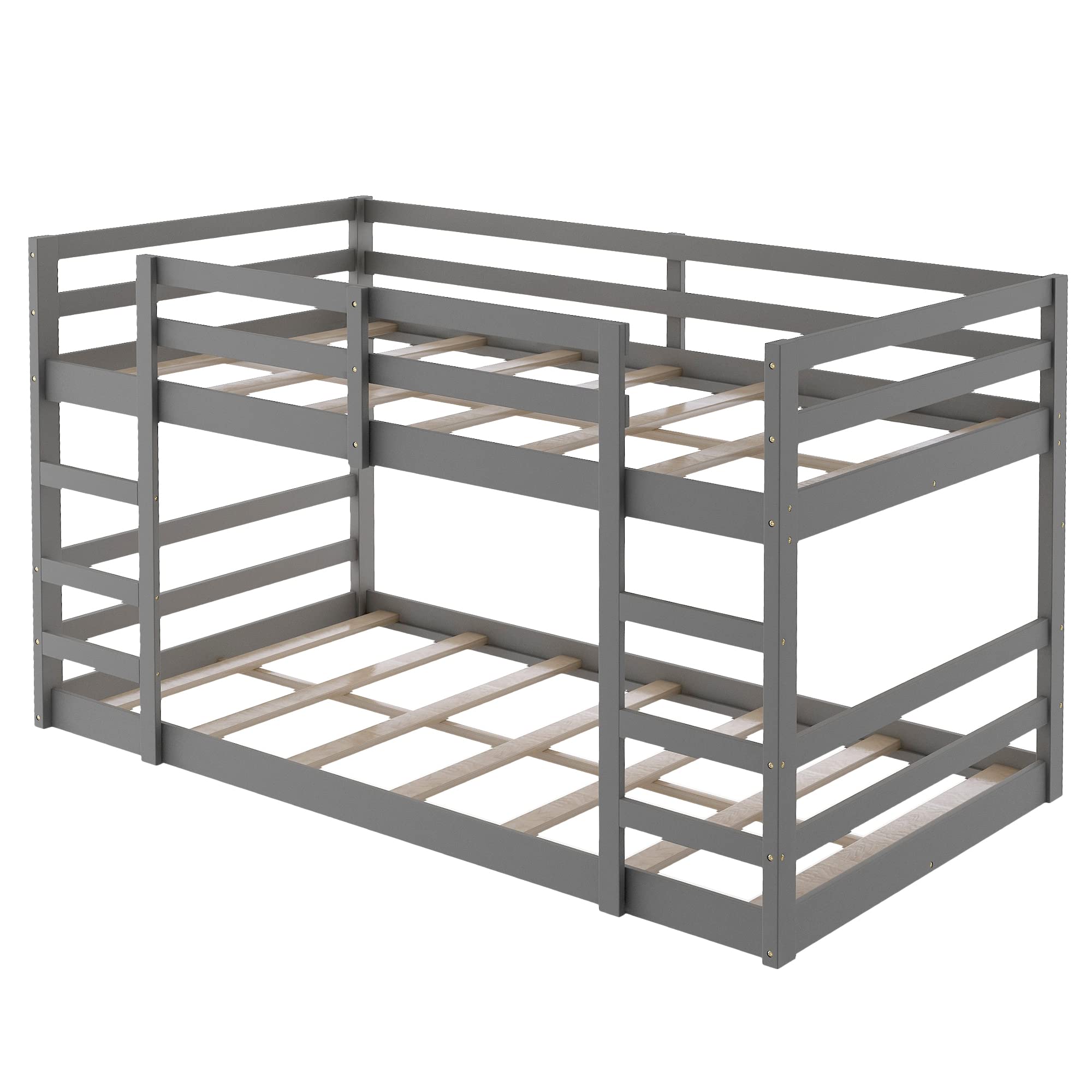 P PURLOVE Twin Over Twin Wooden Low Bunk Bed for Kids & Teens - Sturdy Low Loft Bed with Wood Slats (No Box Spring Needed) - Perfect for Small Bedrooms, Guest Rooms & Kids' Sleepovers