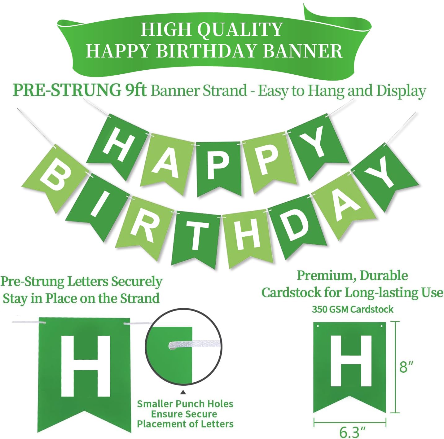 Green and White Happy Birthday Banner - Premium Birthday Decorations for Women, Men, Girls & Boys | Perfect for Parties, Home Decor & Celebration Backdrops