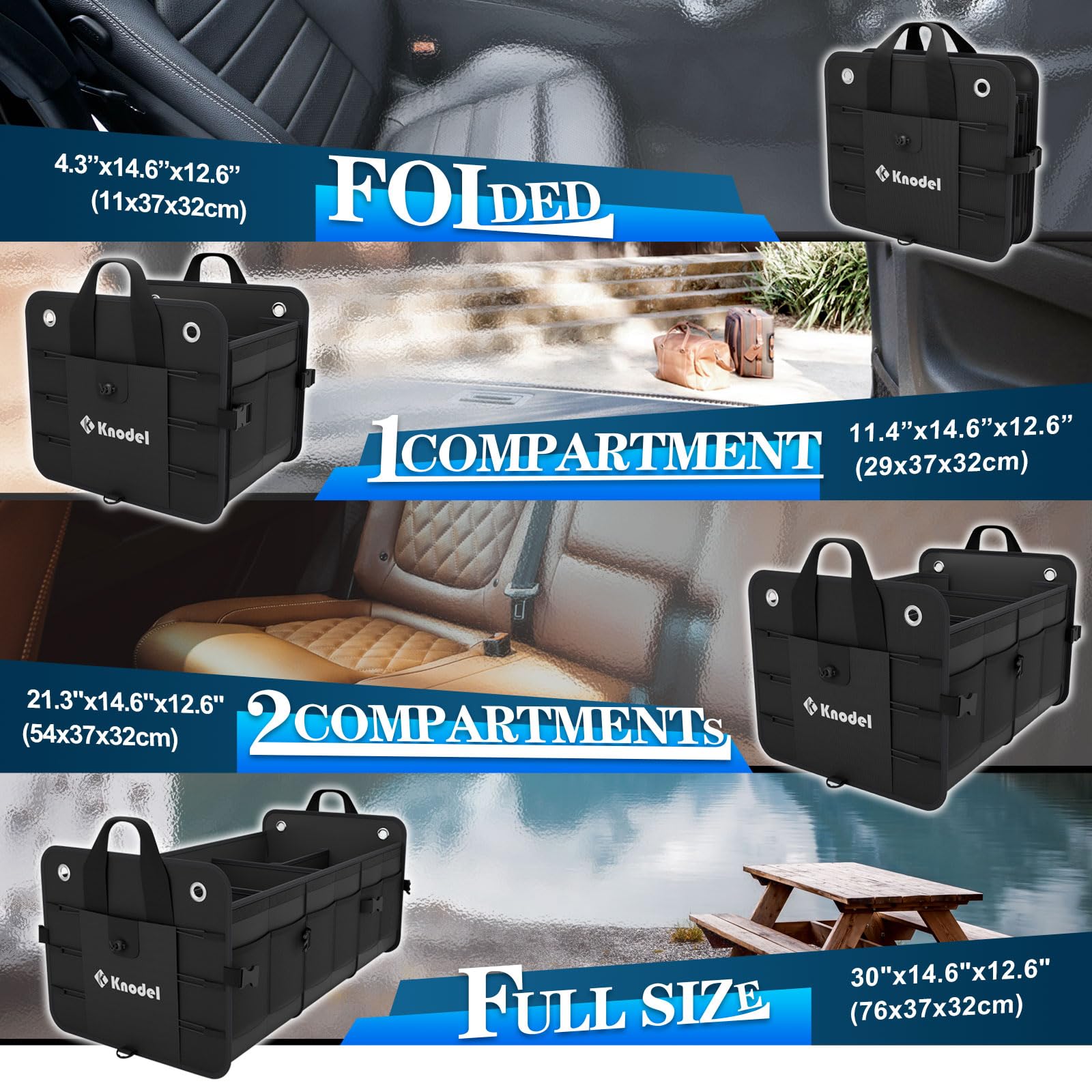 Premium K KNODEL Heavy-Duty Foldable Car Trunk Organizer with Lid - 3 Compartment Collapsible Storage Box with Secure Straps (Black) | Perfect for SUVs, Sedans & Road Trips - Keep Your Vehicle Neat & Organized
