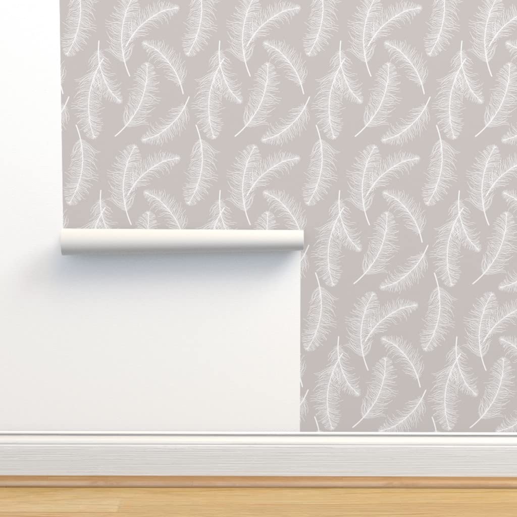 Premium Commercial Grade Wallpaper - 27ft x 2ft Feather & Bird Pattern in Elegant Gray & White | Traditional Peel & Stick Wallpaper by Spoonflower | Perfect for Living Rooms, Bedrooms & Home Offices