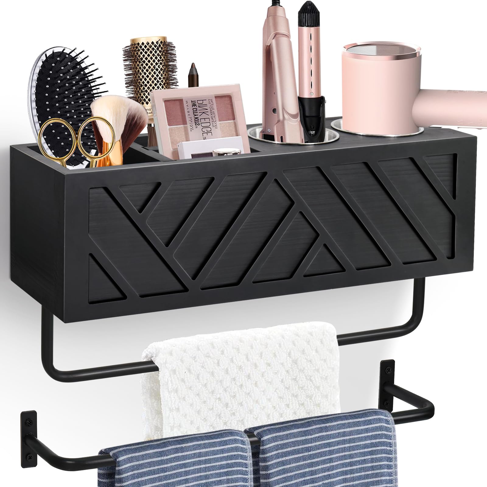 Wall Mount Hair Tool Organizer with 2 Towel Bars - Rustic Wooden Bathroom Organizer for Hair Dryer, Flat Iron, Curling Wand & Brushes - Space Saving Storage Solution for Home Salon & Bathroom Decor (Black)