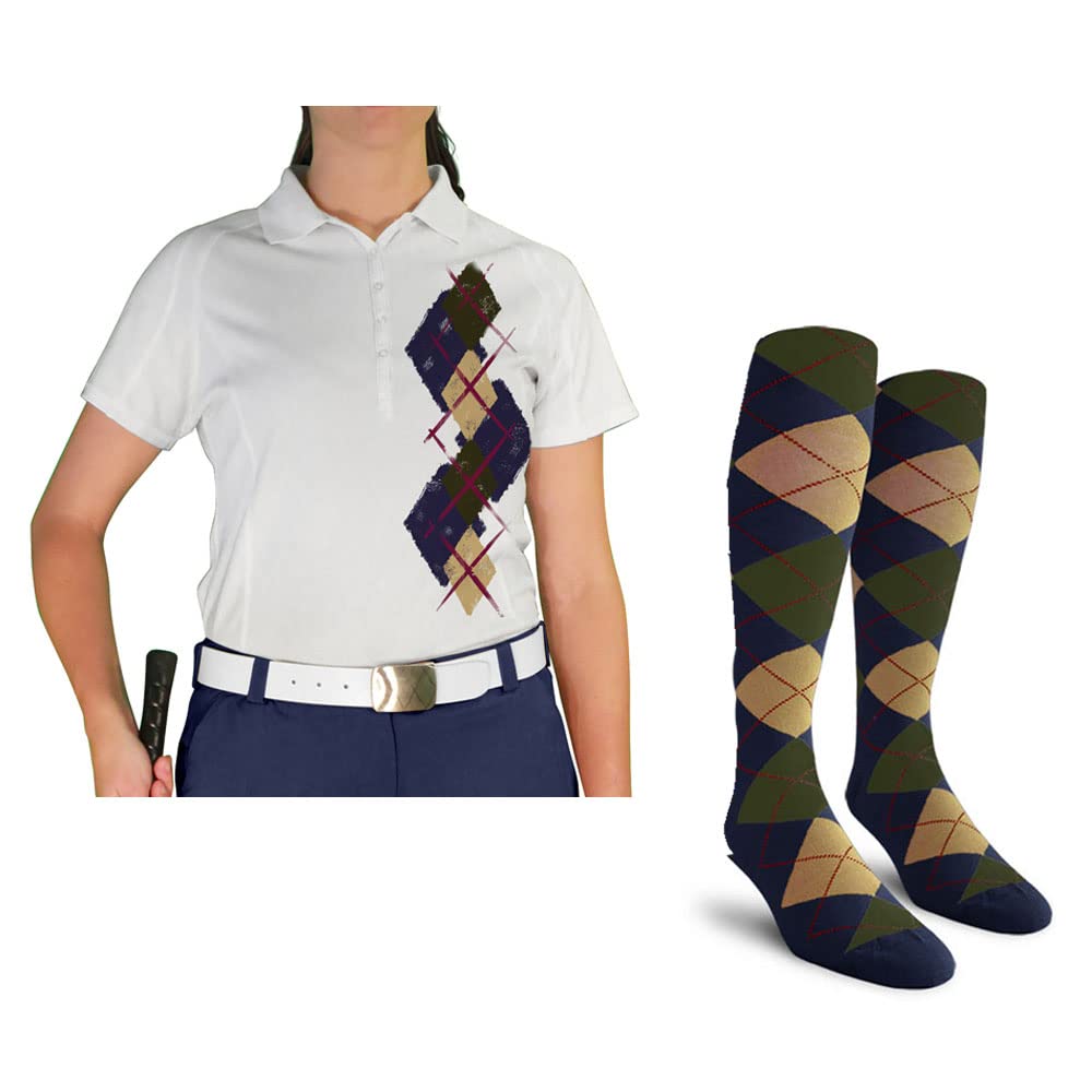 Dry Fit Short Sleeve Graphic Golf Polo Shirt with Socks for Women - Argyle Paradise Design (Sizes A-Z) | Breathable Performance Tee for Golfing, Tennis & Casual Wear