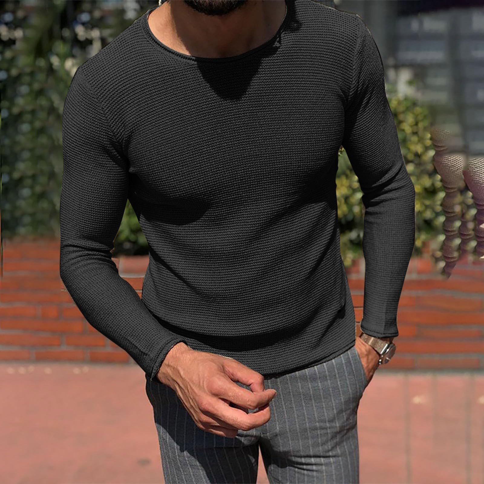 Men's Thermal Long Sleeve Shirt - Waffle Knit Crewneck Slim Fit Base Layer - Stretchy Pullover T-Shirt & Sweater for Winter, Outdoor Activities & Casual Wear