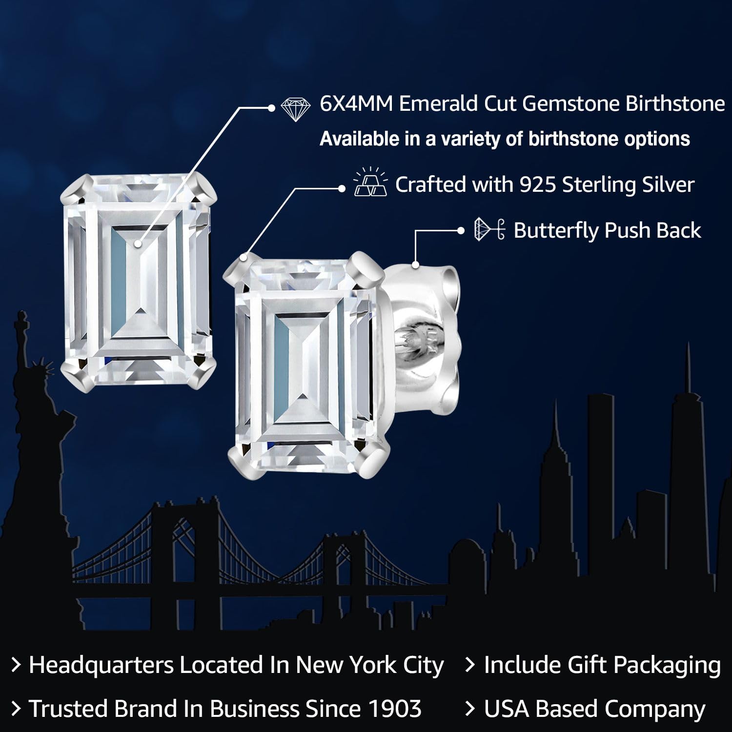 Gem Stone King 925 Sterling Silver 6X4MM Emerald Cut Gemstone Birthstone Stud Earrings for Women & Men - Perfect Gift for Birthday, Anniversary & Special Occasions