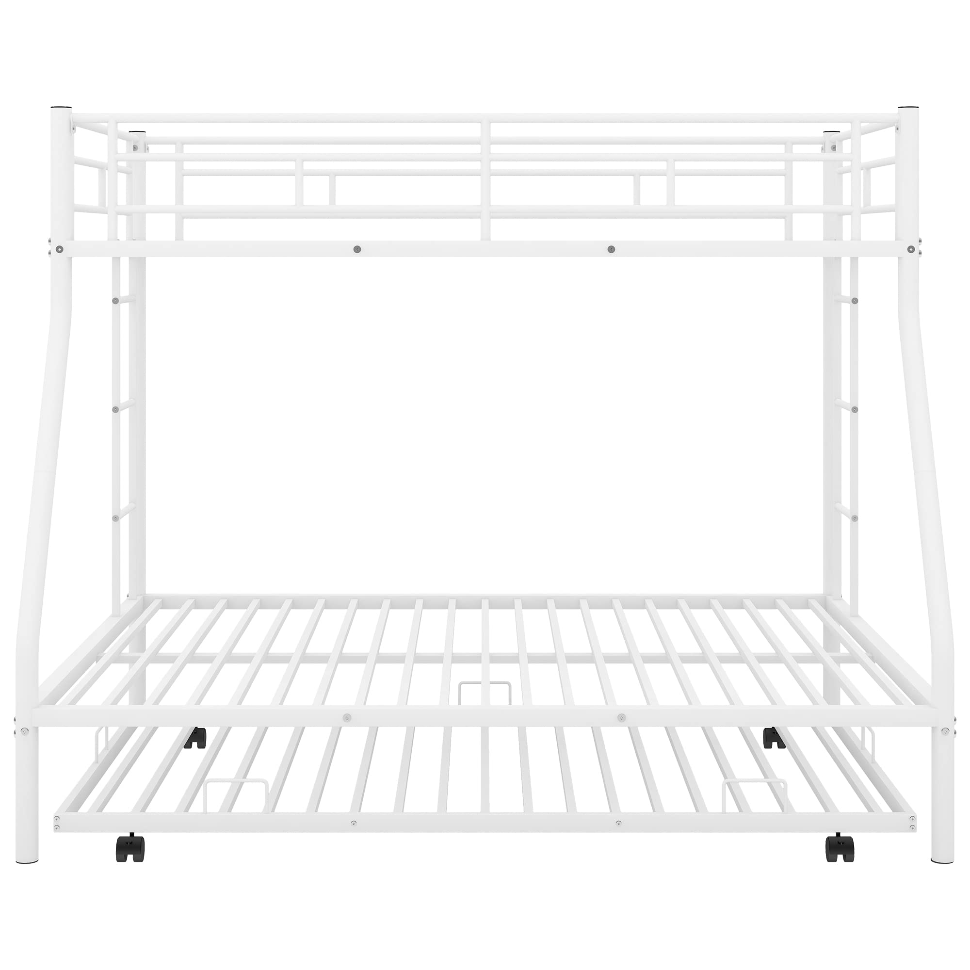 Twin Over Full Metal Bunk Bed with Twin Trundle - Sturdy Steel Frame, Safety Guardrail & Dual Ladders - No Box Spring Required (White) - Perfect for Kids' Rooms, Dorms & Space-Saving Bedroom Solutions