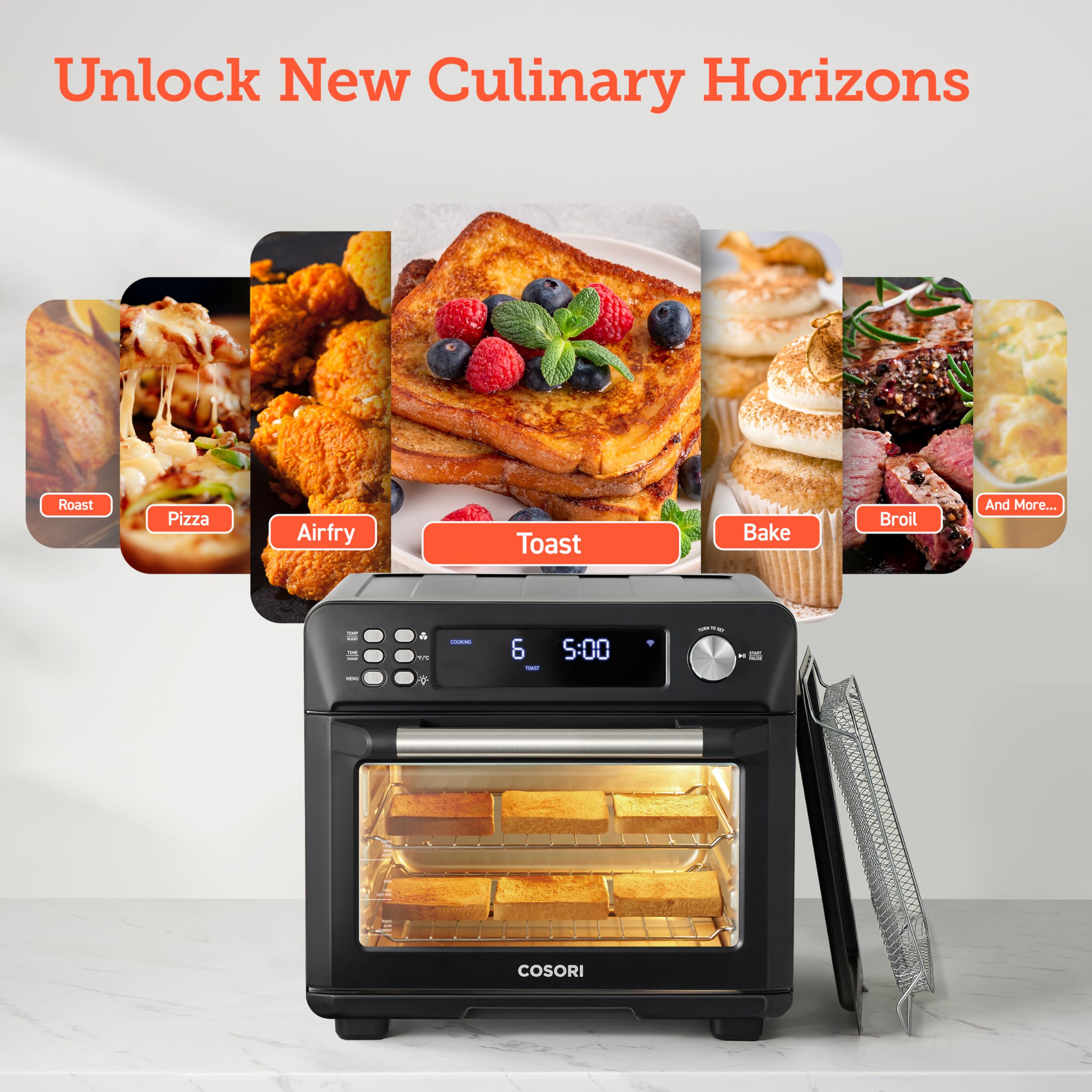 COSORI Smart 11-in-1 Air Fryer Toaster Oven Combo | 26QT Countertop Convection Oven for Baking, Roasting, Reheating, Broiling & Dehydrating | Includes 94 Recipes & 3 Accessories | Stainless Steel Black | Perfect for Small Kitchens, Dorms & Healthy Cooking