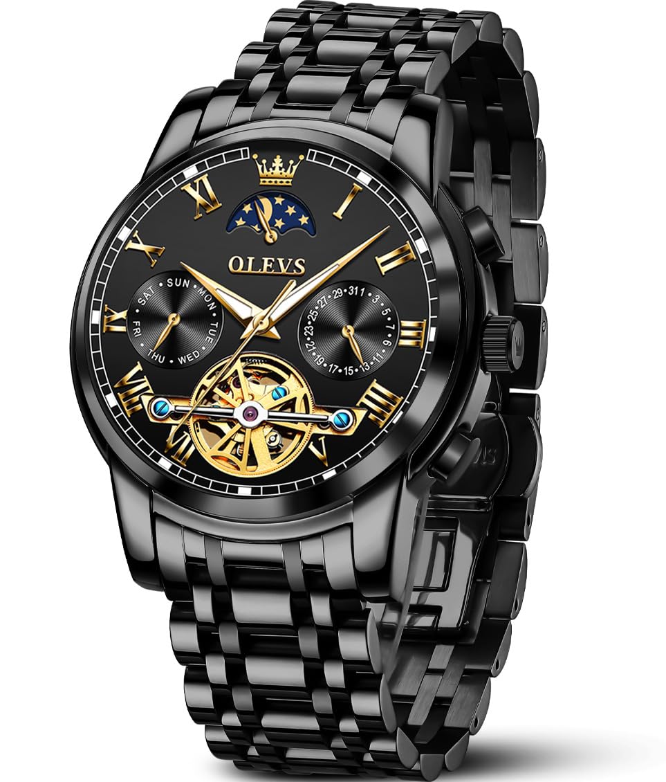 OLEVS Men's Automatic Skeleton Mechanical Watch with Self-Winding Tourbillon - Stainless Steel Dress Watch for Business & Formal Occasions (Black/Blue/Green) - Perfect Gift for Men, Professionals & Watch Collectors