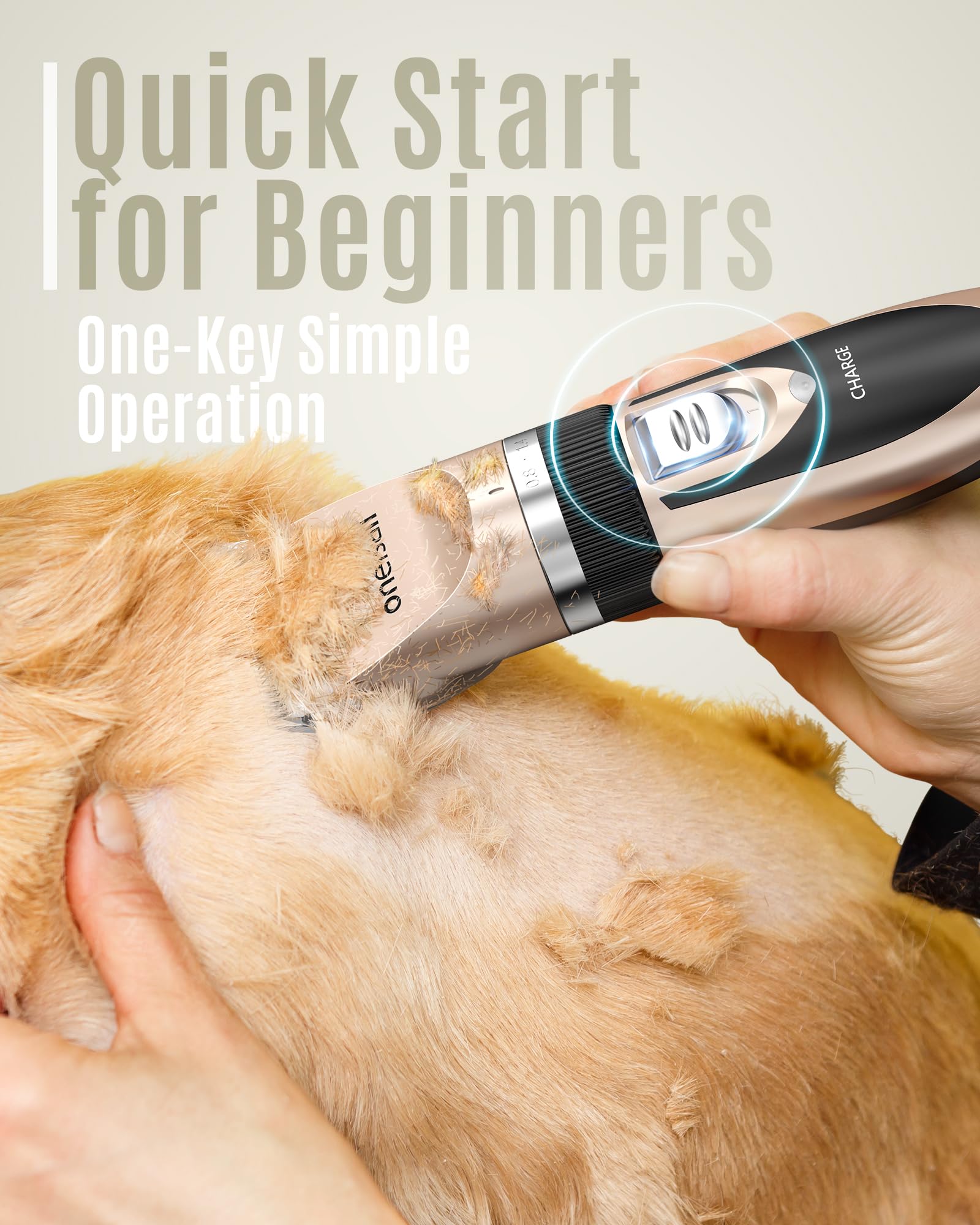Oneisall Low Noise Rechargeable Cordless Dog & Cat Hair Clipper Set - Quiet Pet Grooming Kit with Dog Shaver for Professional Home Grooming (Gold) - Perfect for Trimming, Shaping & Maintaining Your Pet's Coat at Home