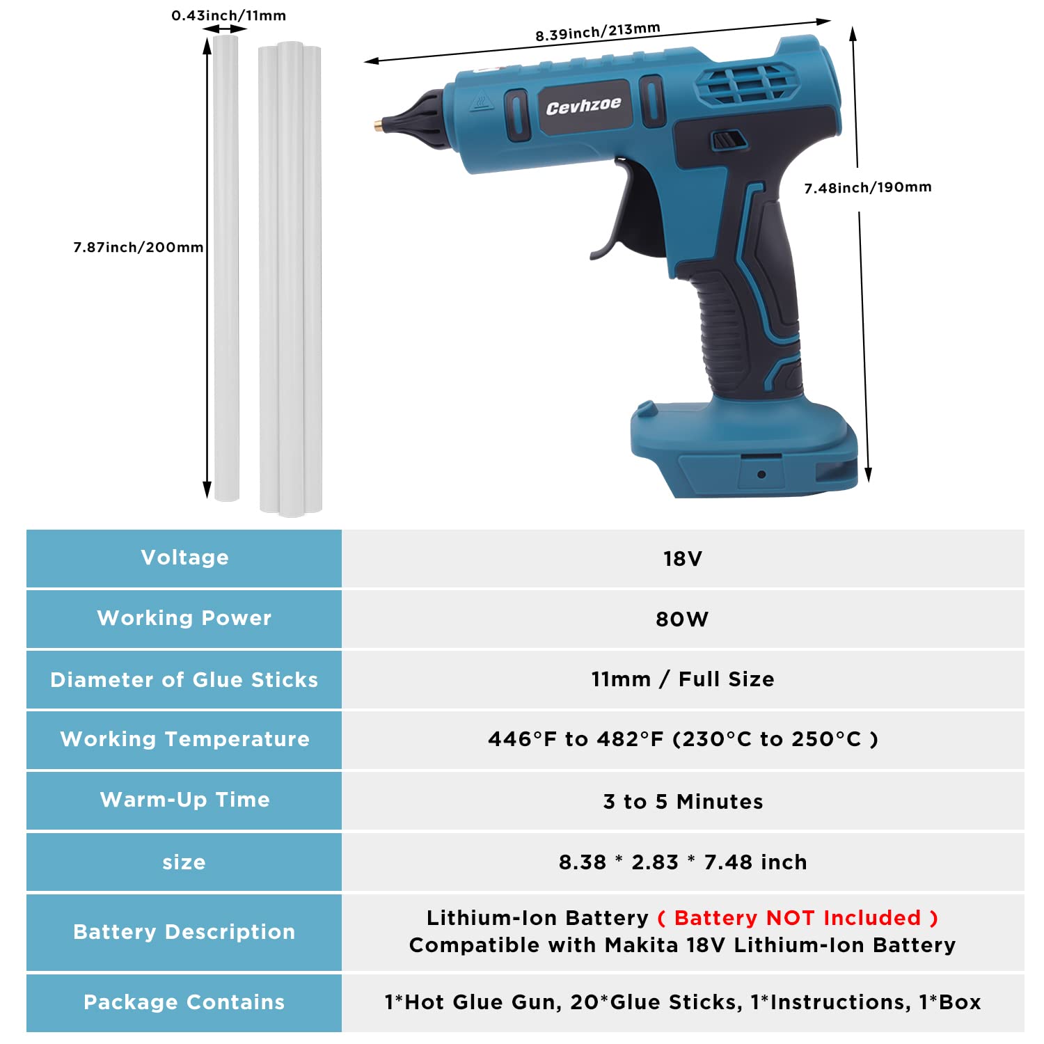 **Makita 18V Cordless Hot Glue Gun - Full Size with Insulated Copper Nozzle & 20Pcs 0.43