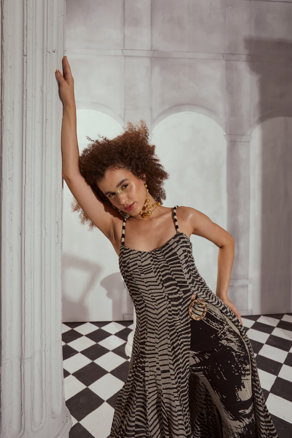 Black & White Byzantine Print High Waist Pants with Gold Buckle Belt - Elegant Palazzo Pants for Women, Perfect for Parties, Weddings & Evening Events