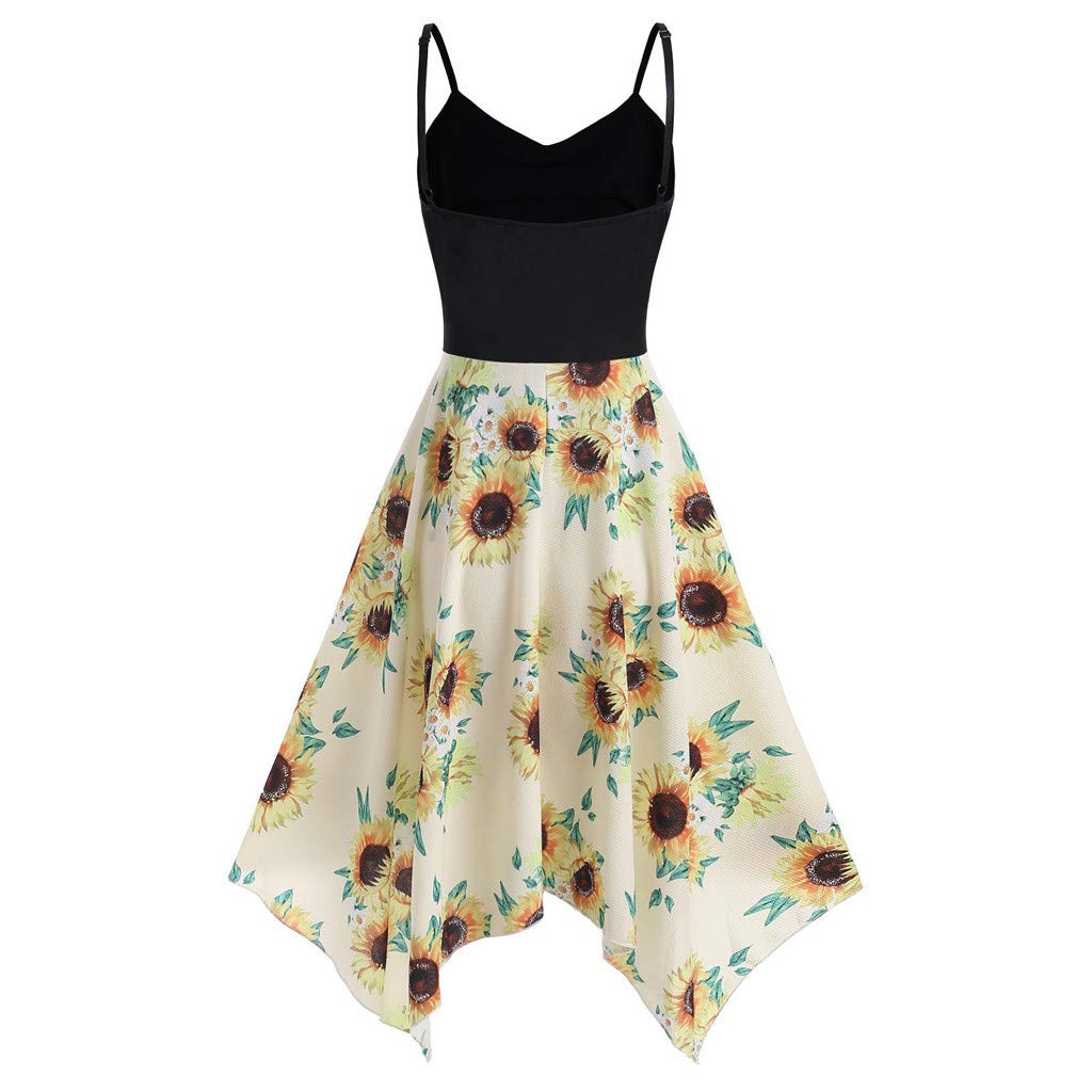 iQKA Women's Sunflower Print Mini Dress - Plus Size Asymmetric Camis Summer Beach Dress for Vacation, Pool Party & Casual Outings