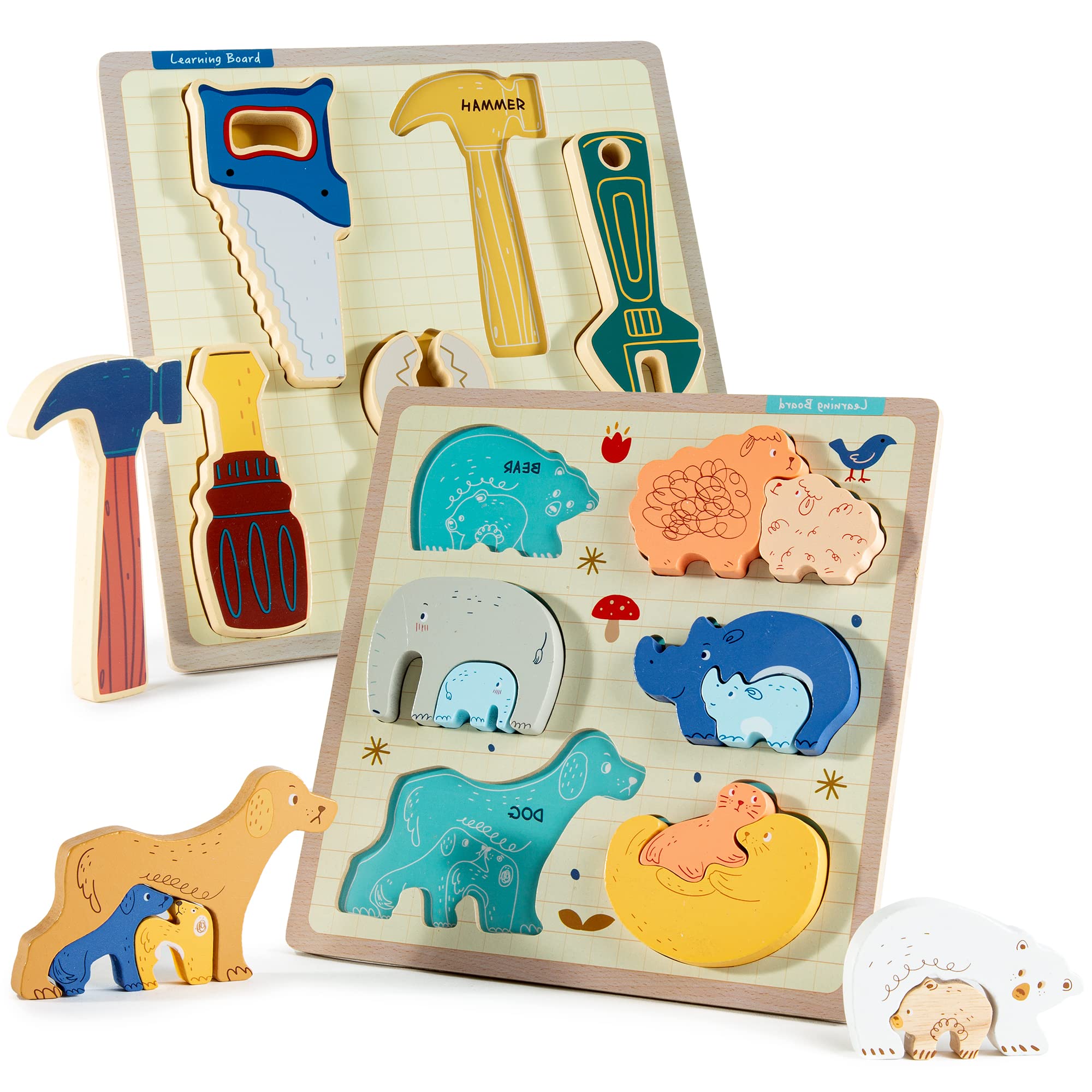 TOGELIN Wooden Puzzles for Toddlers 1-3 Years Old - Montessori Educational Toys for Boys & Girls - Animal & Tool Shape Learning Games for Preschool Kids - Perfect for Early Childhood Development & Classroom Activities